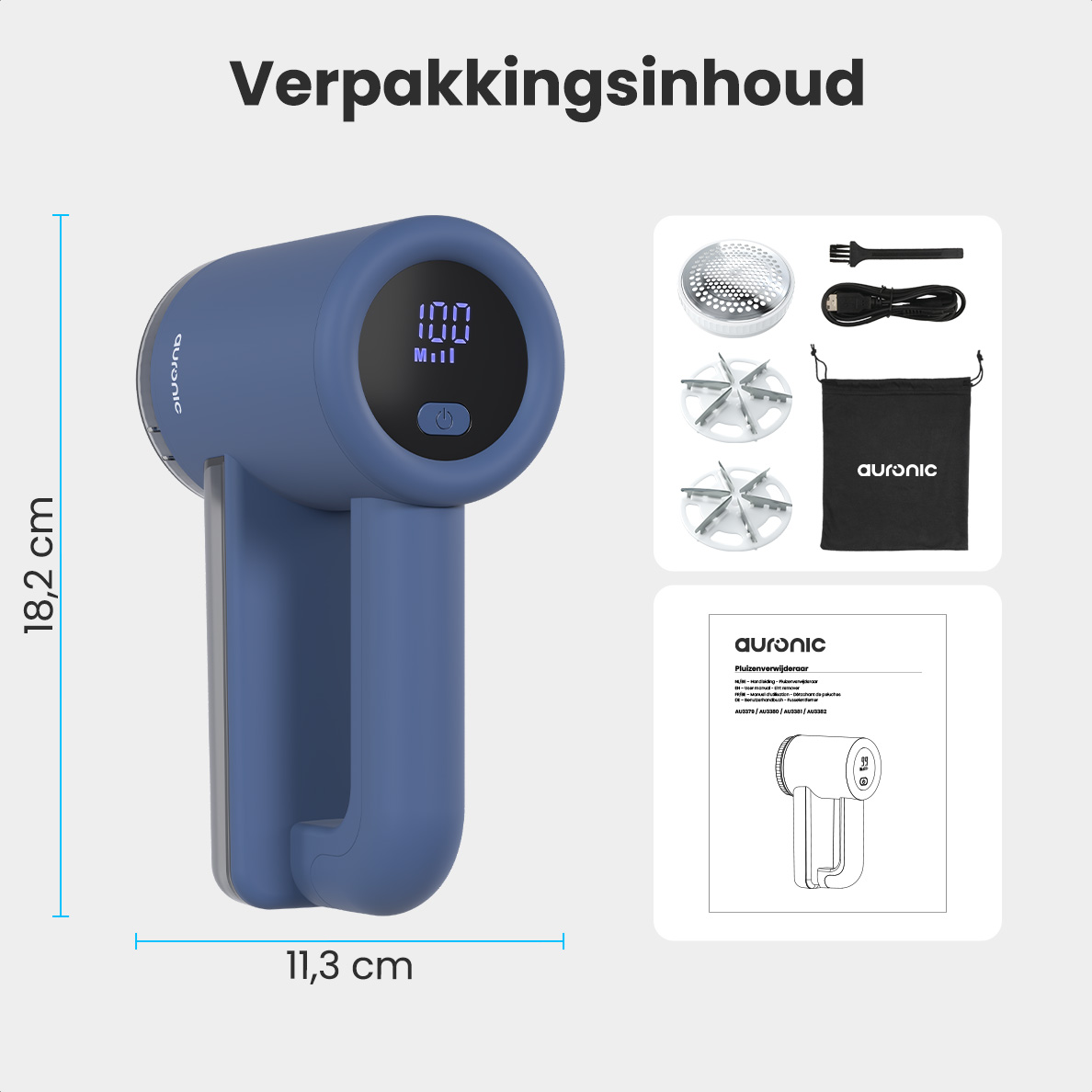 Rasoir à tissu bleu, 18,2x11,3 cm, avec accessoires. Comprend un sac, des lames, une brosse et un chargeur. Texte 'Verpakkingsinhoud'.
