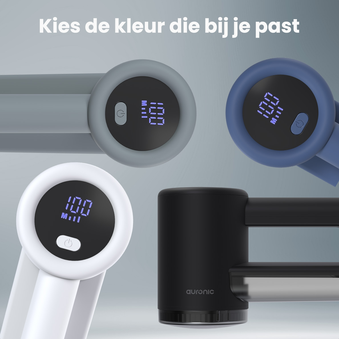 L'image montre quatre appareils de massage en gris, bleu, blanc et noir. Chacun a un affichage numérique indiquant 100 et un bouton d'alimentation.