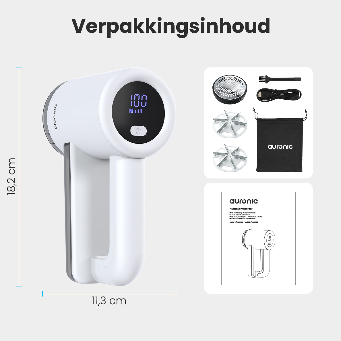 Un rasoir à tissu blanc avec accessoires. Comprend un chargeur, des lames supplémentaires, un petit sac et un manuel d'utilisation.