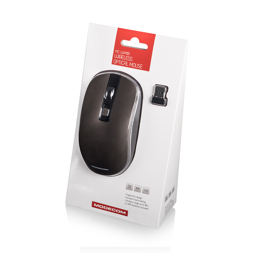 Bezprzewodowa mysz optyczna w opakowaniu detalicznym. Mysz jest ciemnoszara, a pudełko białe z czerwonymi akcentami i marką.