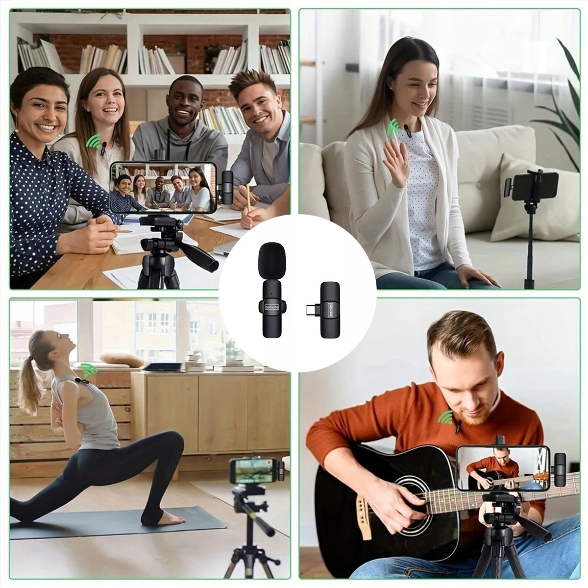 Obraz przedstawia osoby używające mikrofonów do nagrywania. Sceny obejmują grupę, kobietę, jogę i mężczyznę grającego na gitarze.