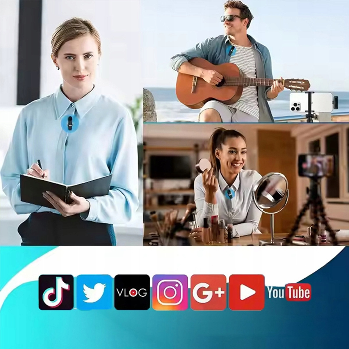 Obraz przedstawia osoby używające mikrofonu: piszącą kobietę, grającego na gitarze mężczyznę i malującą się kobietę.