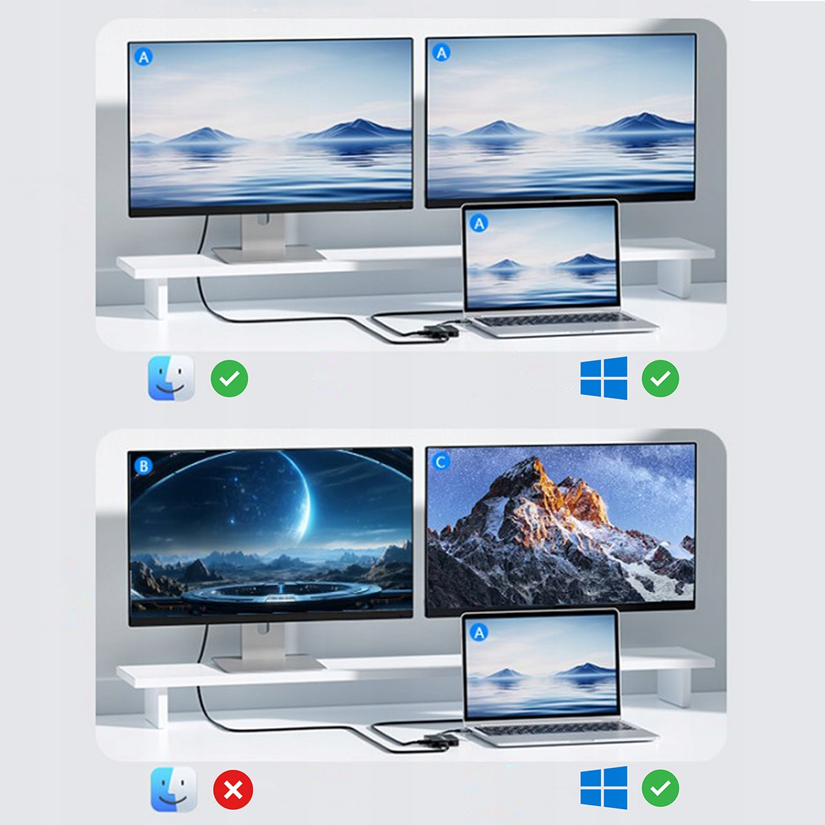 Dwa monitory, laptop i biała półka. Ekrany pokazują różne krajobrazy. Ikony Windows i Mac wskazują kompatybilność.