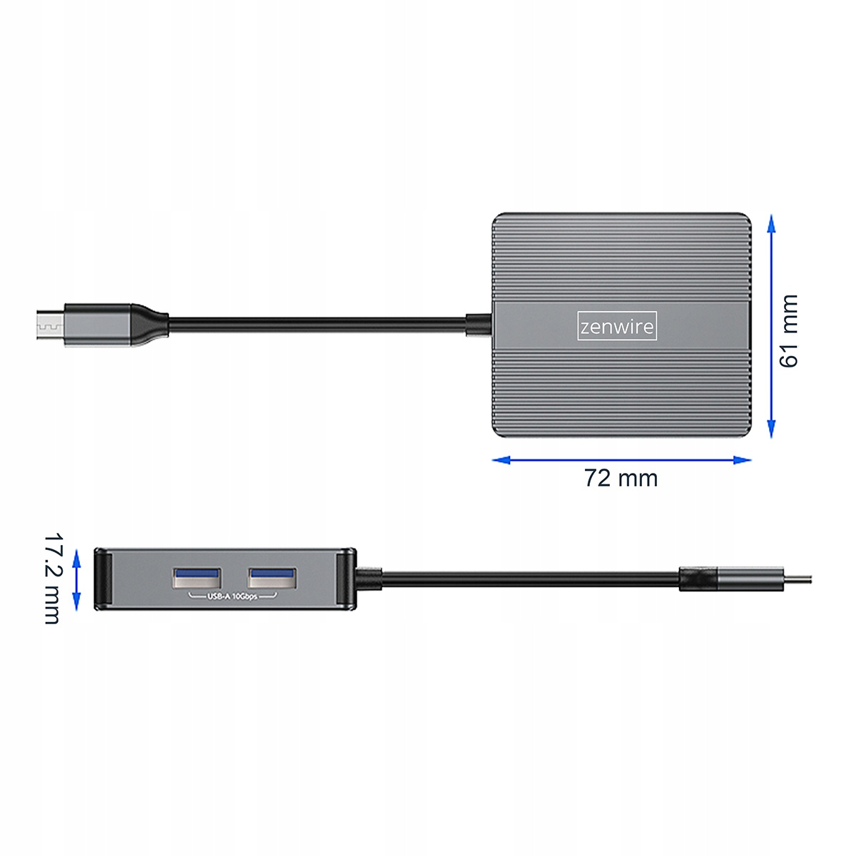 Szary hub USB z wymiarami: 72 mm x 61 mm. Poniżej mniejszy hub z dwoma portami USB, oznaczony USB-A 10Gbps, wysokość 17,2 mm.