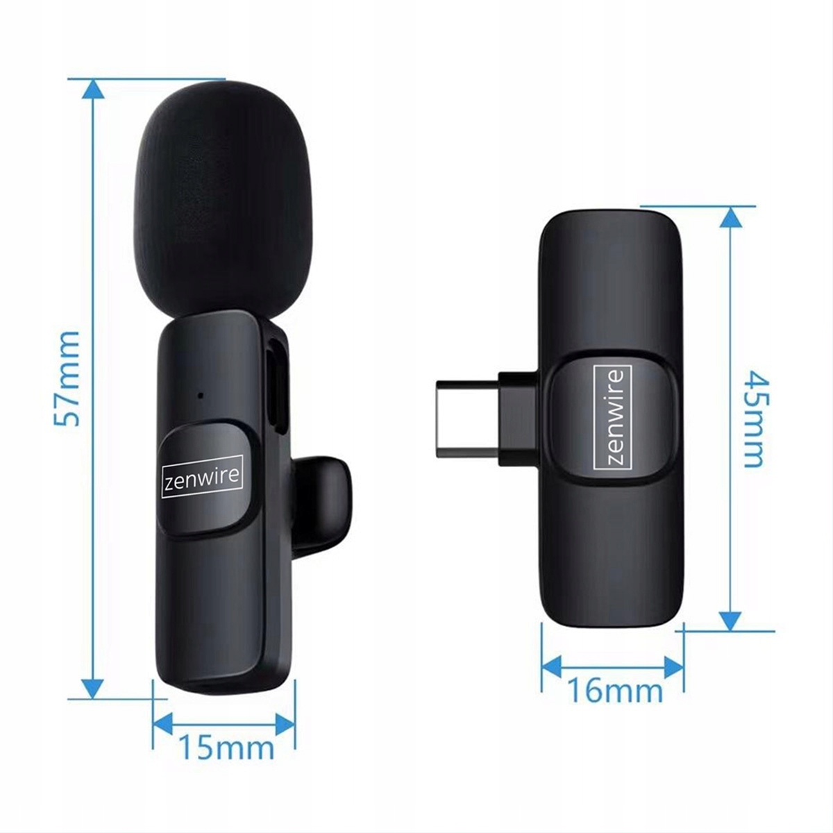 Dwa czarne mikrofony bezprzewodowe z wymiarami. Jeden ma port USB-C, oba mają 'zenwire'.