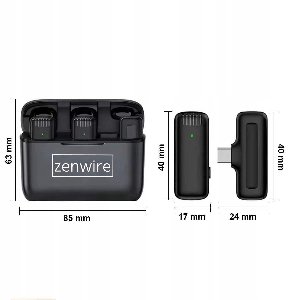 Czarny bezprzewodowy zestaw mikrofonów Zenwire z etui ładującym i wymiarami w mm. Jeden mikrofon ma złącze USB-C.