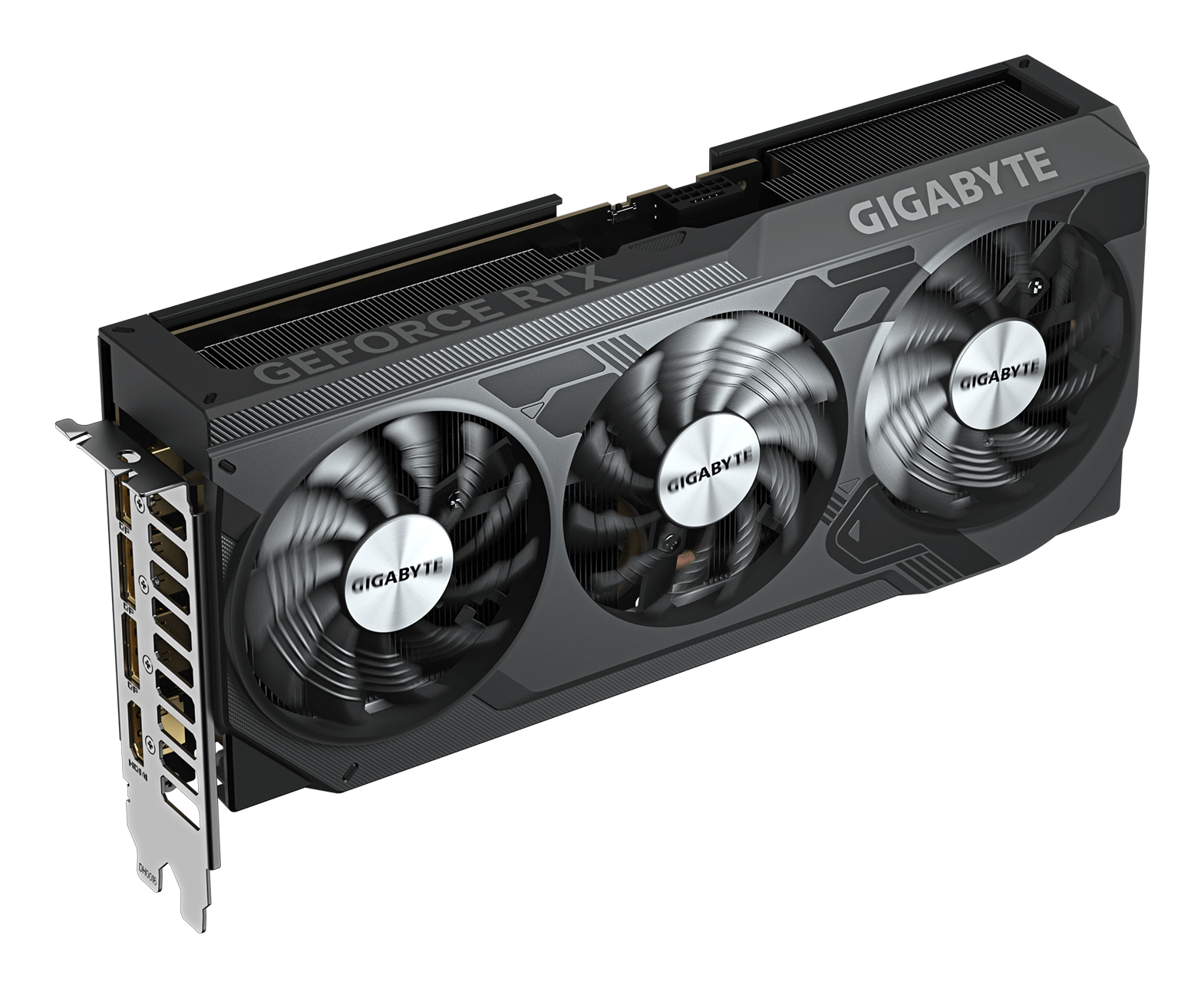 Karta graficzna Gigabyte GeForce RTX z trzema wentylatorami. Jest czarna i szara, z logo Gigabyte.