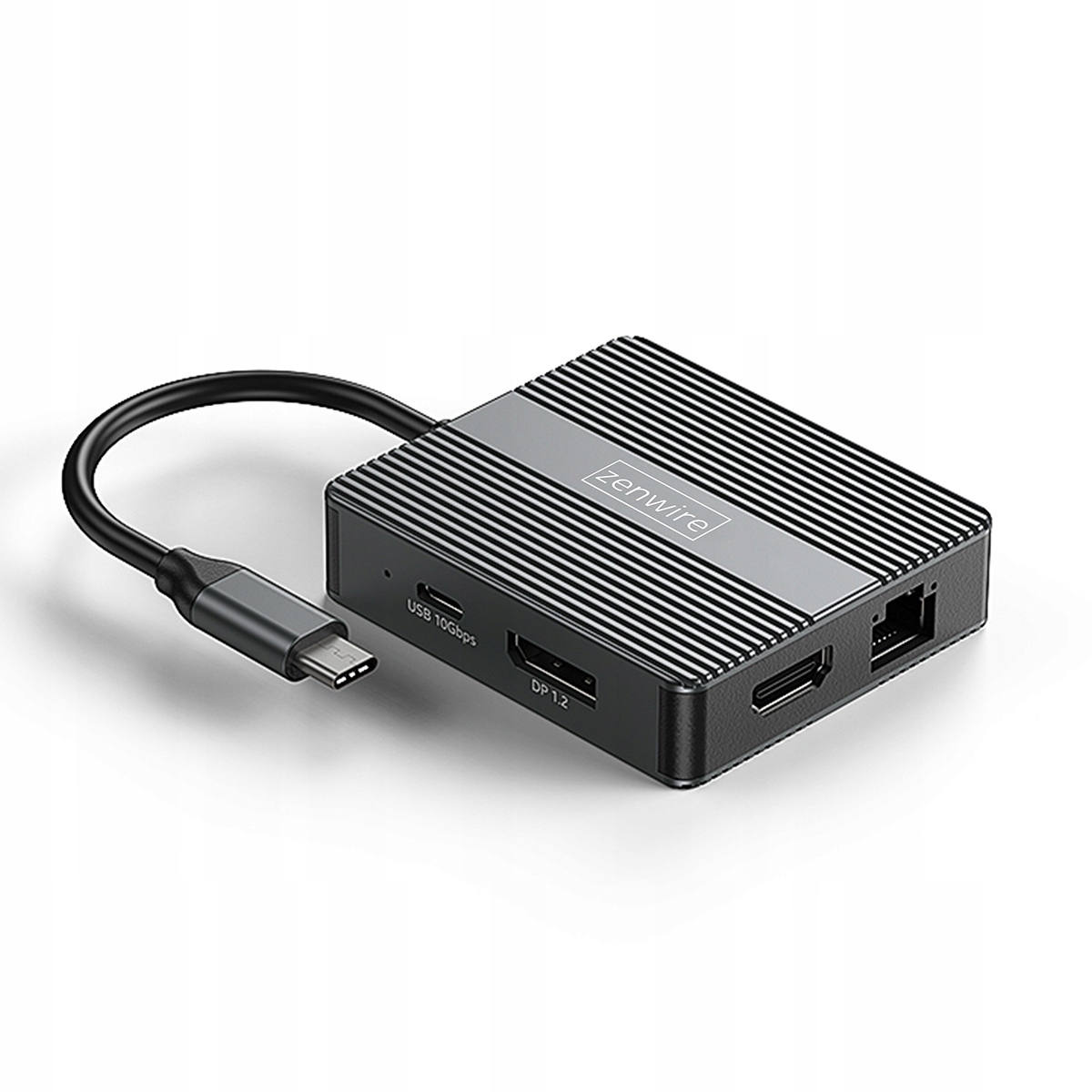 Hub USB-C Zenwire z wieloma portami. Jest czarny i ma dołączony kabel USB-C. Porty są opisane.