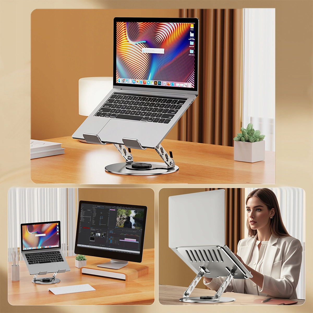 Laptop na srebrnym stojaku. Ekran wyświetla kolorową grafikę. Dodatkowe obrazy pokazują podobne konfiguracje i kobietę.