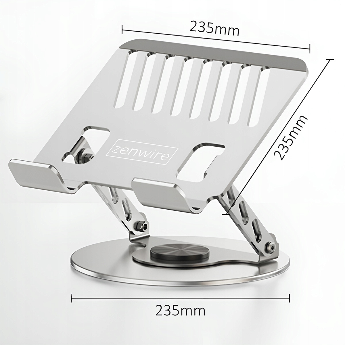 Srebrny stojak na laptopa, regulowany, z wymiarami. Z logo 'zenwire'. Stojak na białej powierzchni.