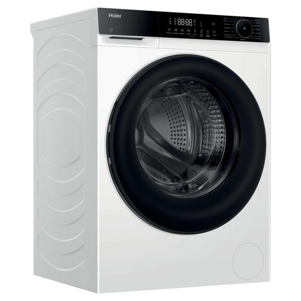 Una lavatrice Haier bianca con porta e pannello di controllo neri. La porta è rotonda con cornice nera.