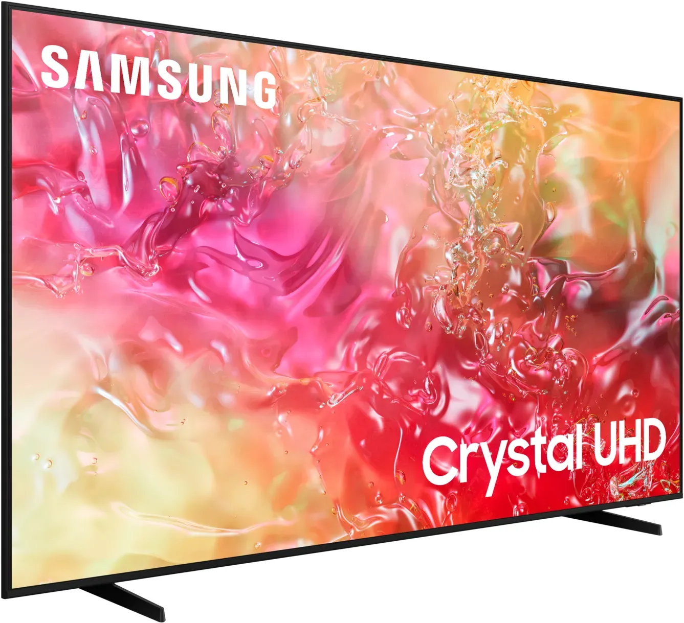 Ein Samsung Crystal UHD-Fernseher zeigt ein farbenfrohes abstraktes Bild. Der Fernseher hat einen schwarzen Rahmen, Ständer und das Samsung-Logo ist sichtbar.