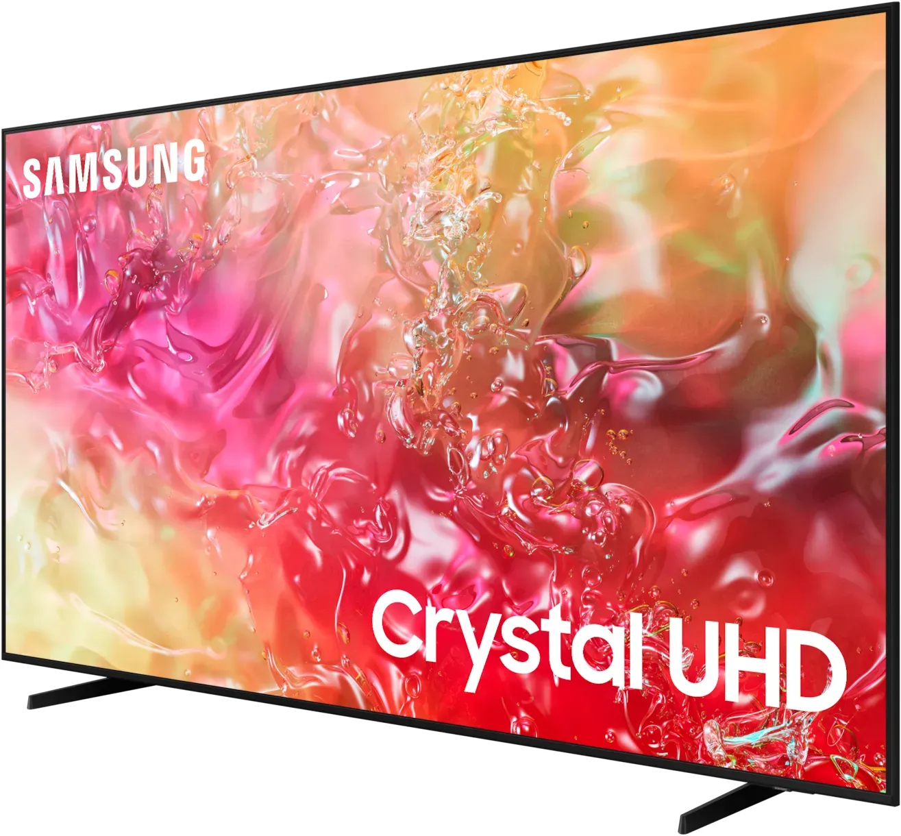 Ein Samsung Crystal UHD-Fernseher zeigt ein farbenfrohes abstraktes Bild. Der Bildschirm hat einen schwarzen Rahmen und Ständer, der Markenname ist sichtbar.