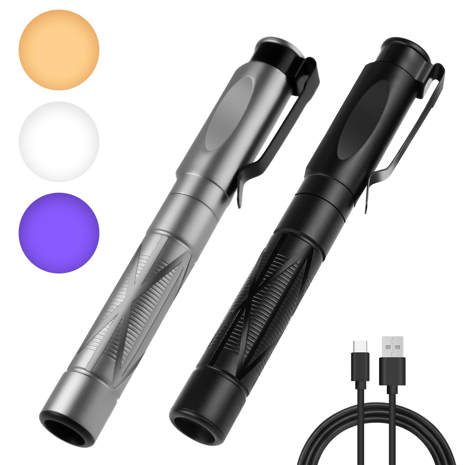 Zwei silberne und schwarze Taschenlampen mit Ladekabel. Drei farbige Kreise: orange, weiß und lila.