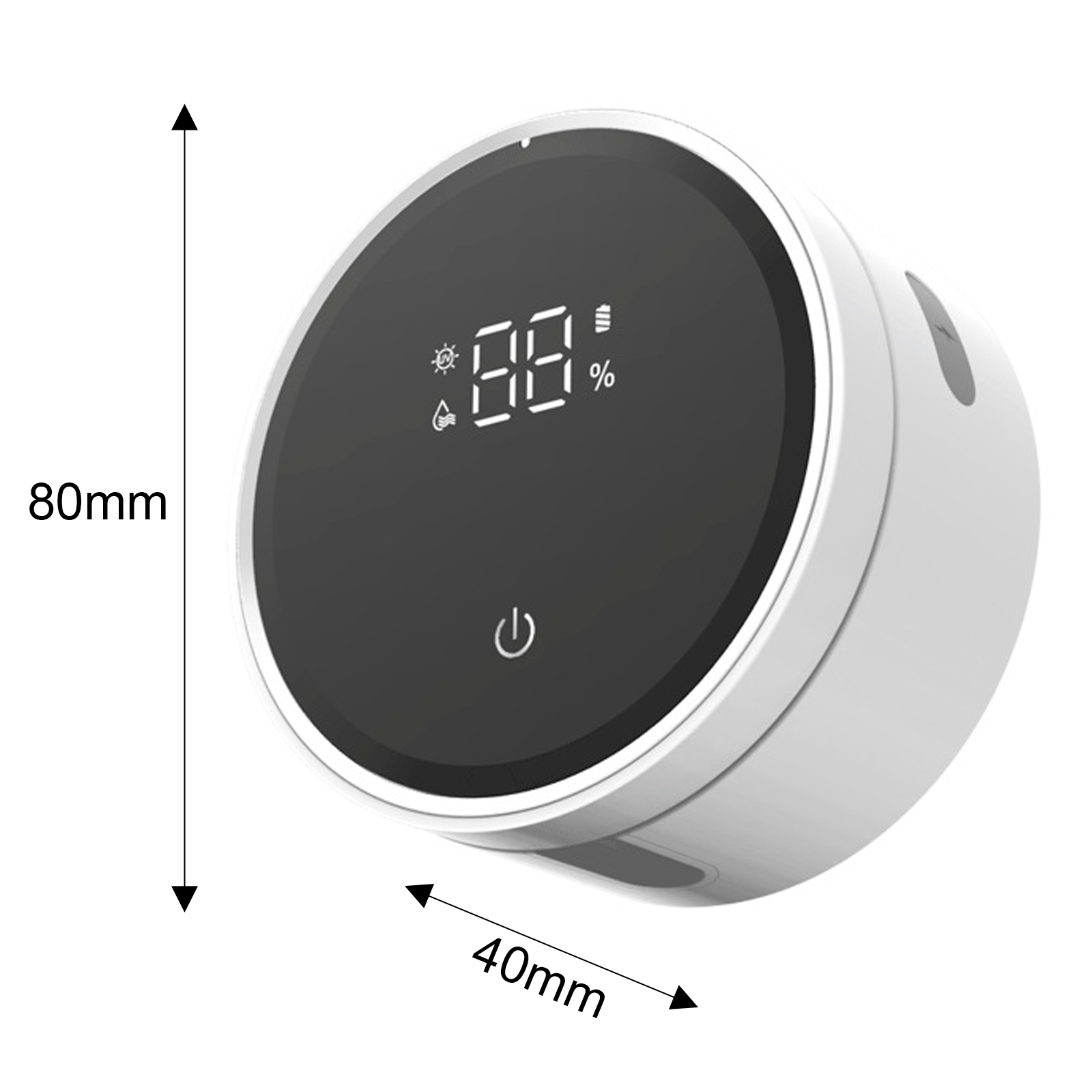 Weißes und schwarzes Gerät mit Digitalanzeige, die 88 % und einen Ein-/Ausschalter zeigt. Abmessungen: 80 mm x 40 mm.