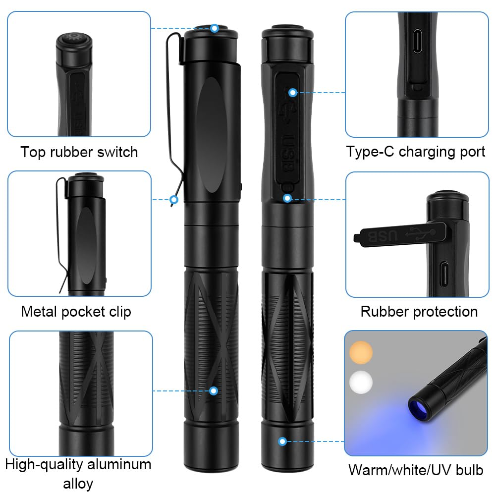 Schwarze Taschenlampe mit Metallclip, Gummischalter, Typ-C-Anschluss und warm/UV-Glühbirne. Merkmale hochwertige Aluminiumlegierung und USB-Aufladung.