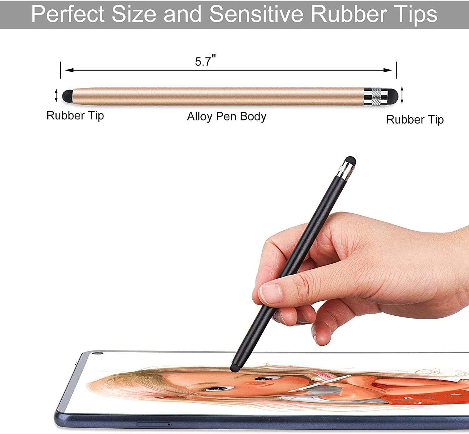 Eine Hand hält einen schwarzen Stift über einem Tablet. Der Stift berührt den Bildschirm. Oben zeigt ein Diagramm die Abmessungen des Stifts.