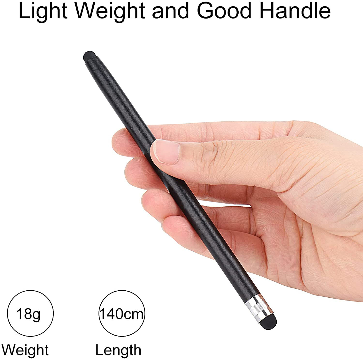 Eine Hand hält einen schwarzen Stift. Darunter Kreise mit Text: 18g Gewicht und 140cm Länge.