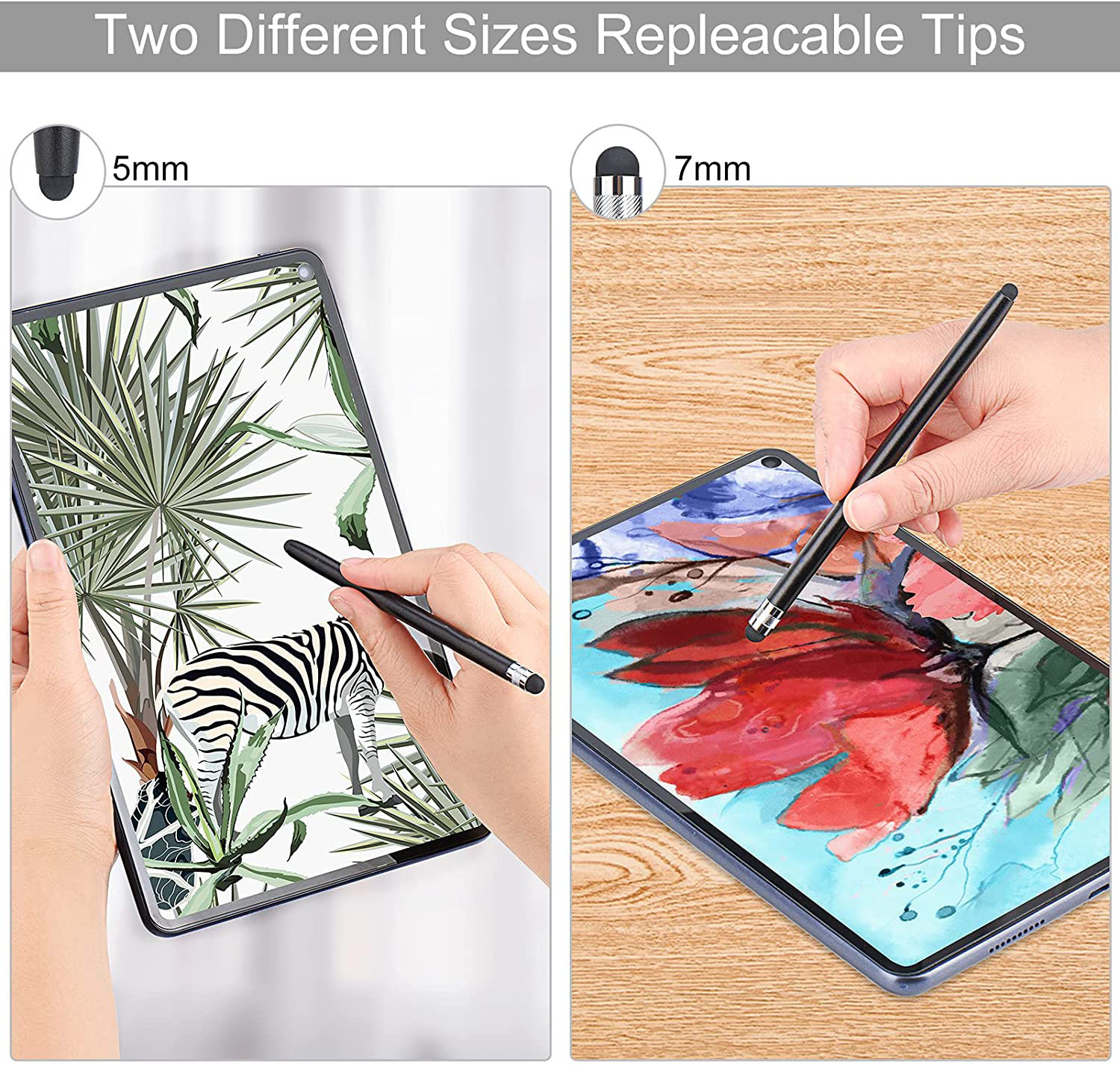 Zwei Tablets mit Stiften. Eines zeigt ein Zebra, das andere eine rote Blume. Der Titel lautet 'Two Different Sizes Repleacable Tips'.
