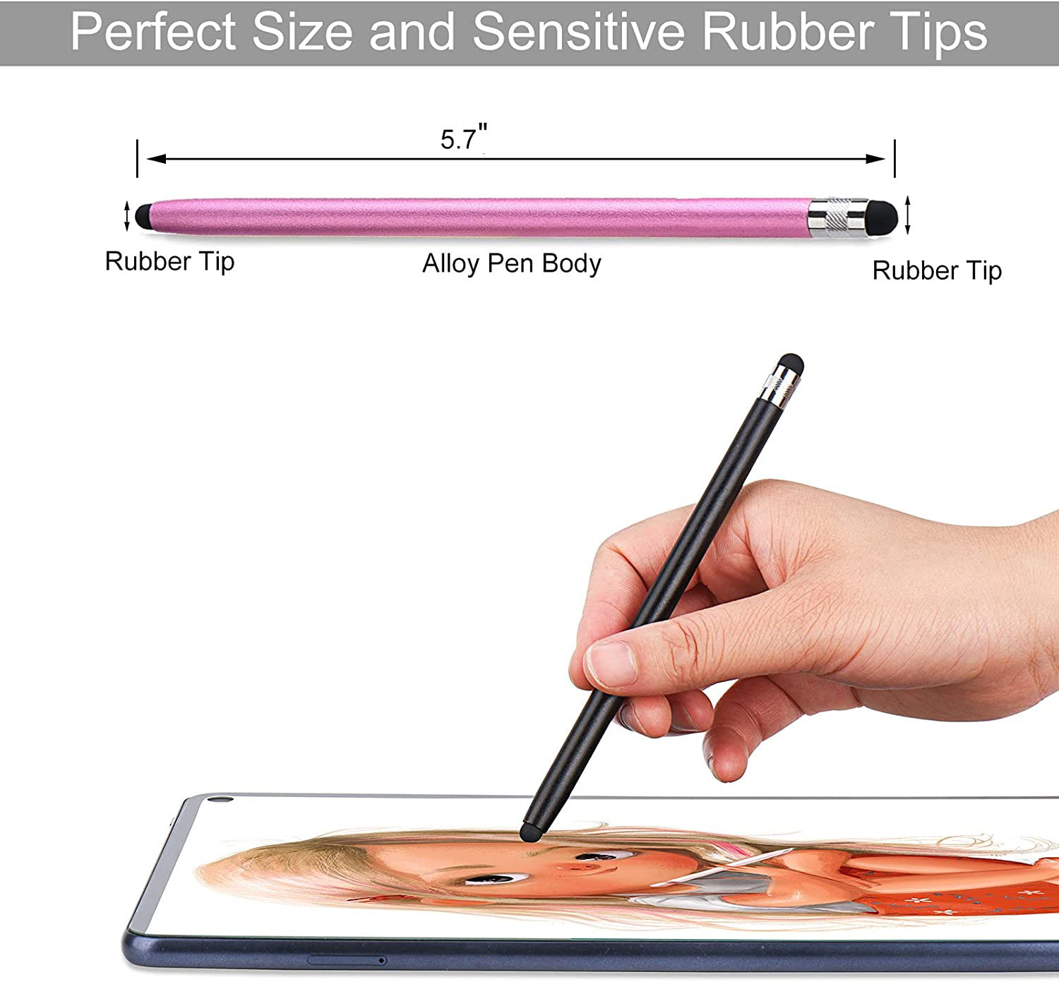 Eine Hand hält einen schwarzen Stift über einem Tablet. Der Stift berührt den Bildschirm. Ein Diagramm zeigt einen rosa Stift mit Gummispitzen.