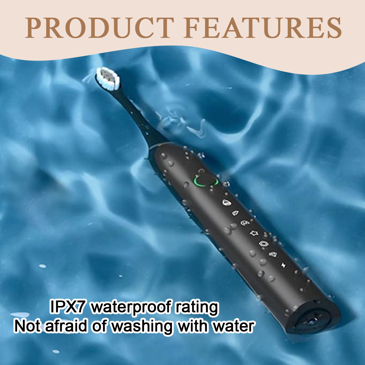 Schwarze elektrische Zahnbürste in blauem Wasser. Der Text besagt, dass sie IPX7 wasserdicht ist. Der Hintergrund hat einen Titel: Produktmerkmale.
