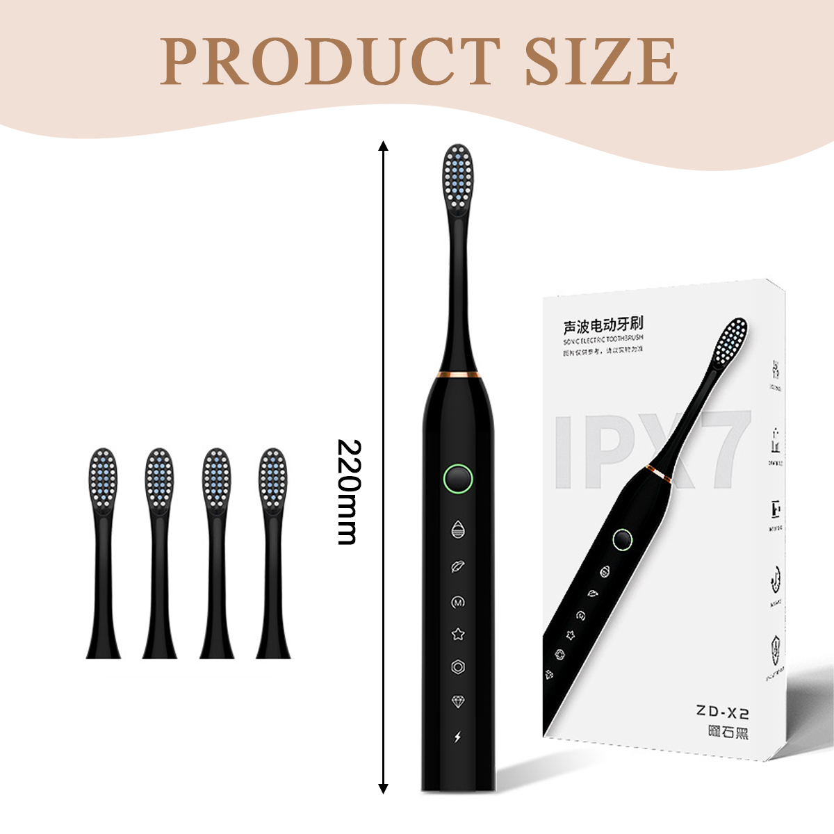 Eine schwarze elektrische Zahnbürste mit 4 Ersatzköpfen und einer Schachtel. Die Zahnbürste ist 220 mm lang. Text: PRODUKTGRÖSSE, IPX7, ZD-X2.