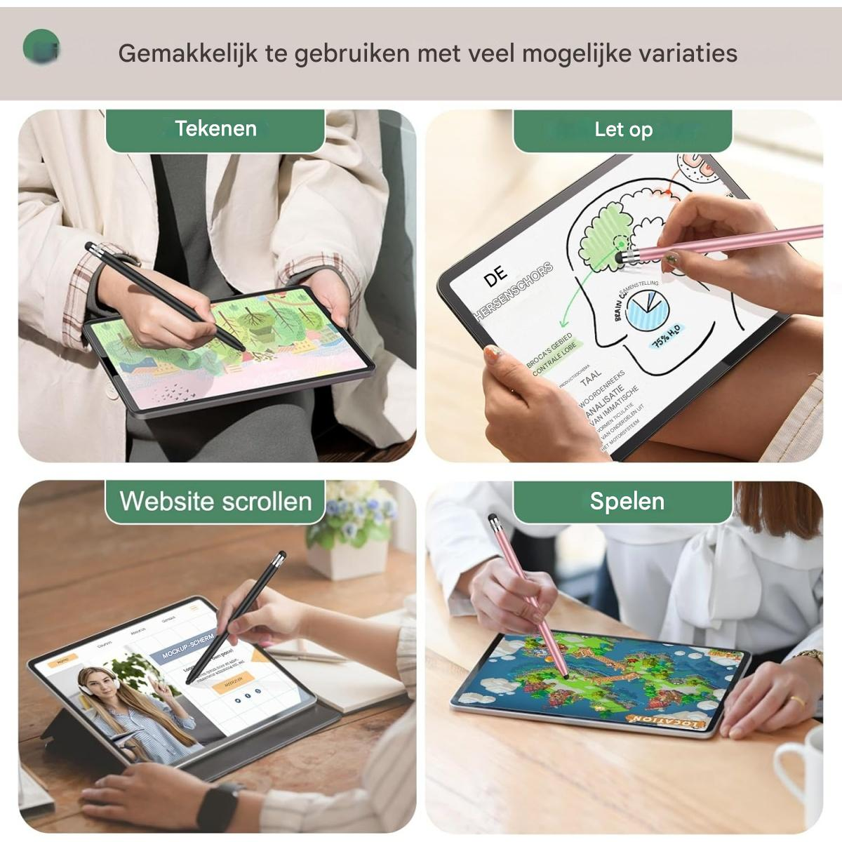 Das Bild zeigt ein Tablet mit vier verschiedenen Anwendungen: Zeichnen, Notizen machen, Website-Scrolling und Spiele spielen, jeweils mit einem Stift.