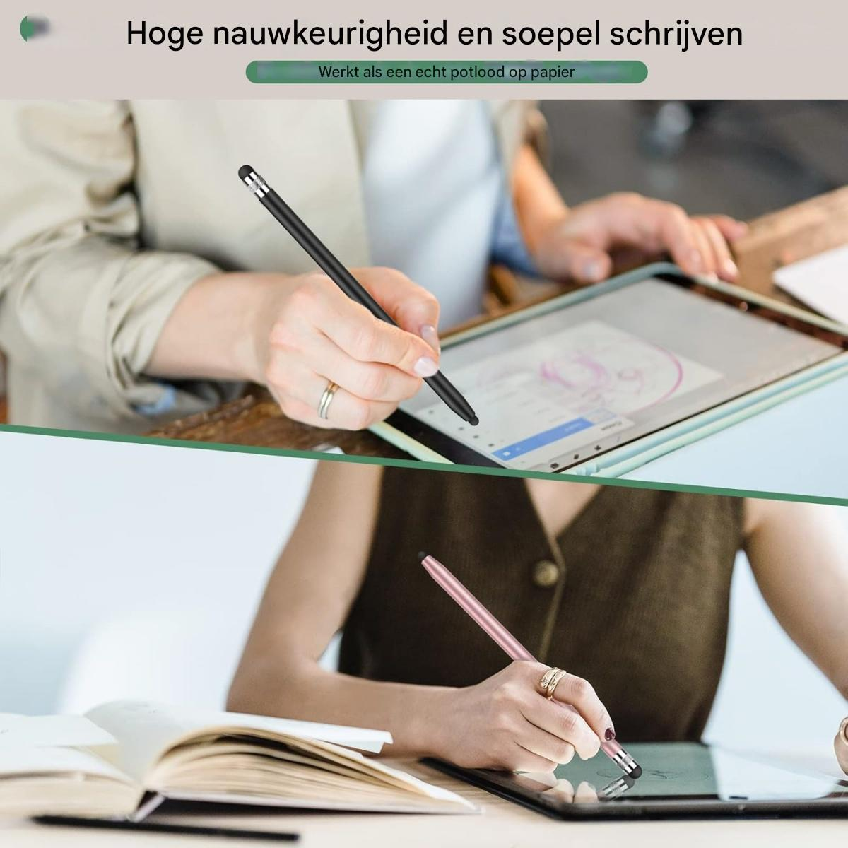 Zwei Personen benutzen Stifte auf Tablets. Einer ist schwarz, einer rosa. Text oben: 'Hohe Genauigkeit und flüssiges Schreiben'.