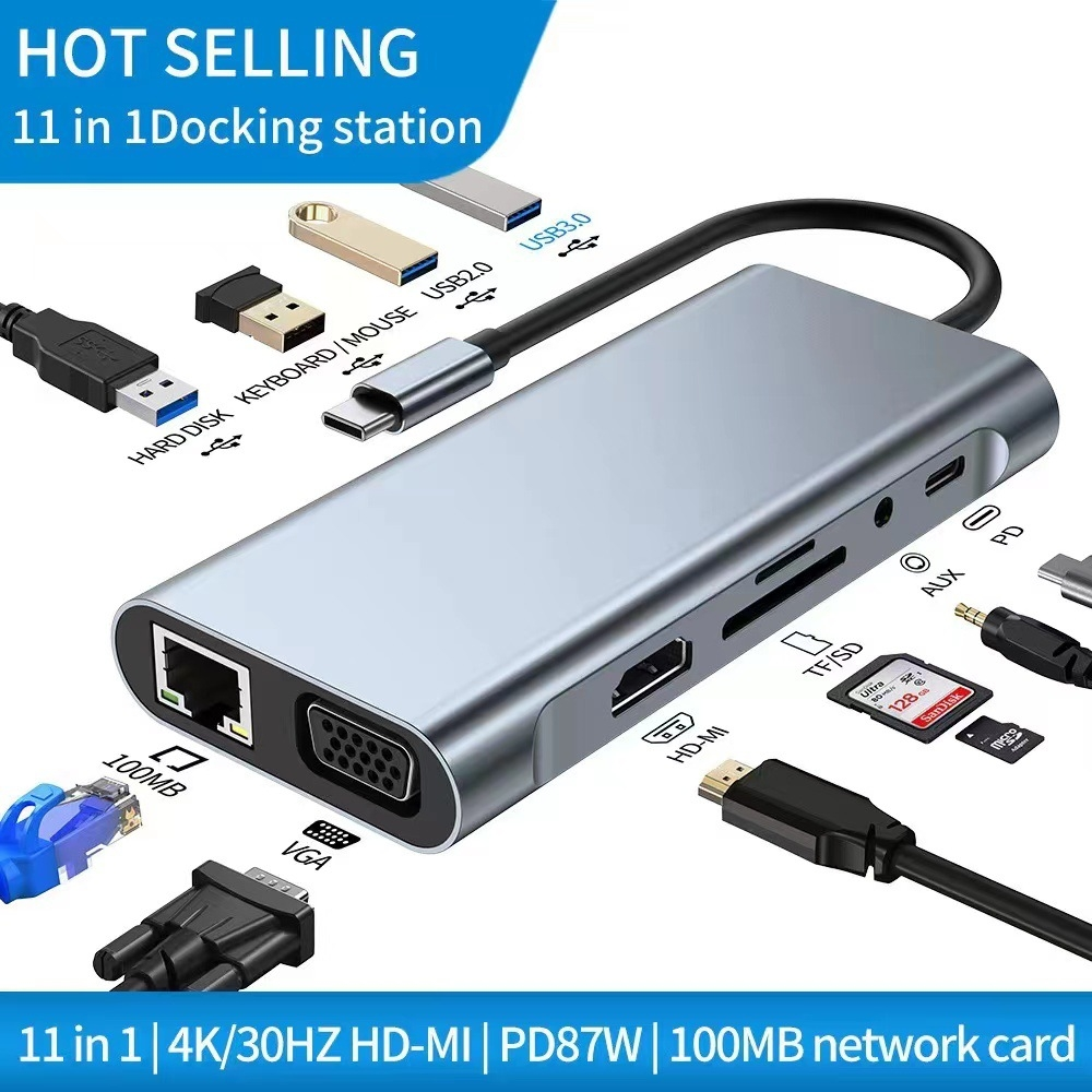 Silberne Dockingstation mit mehreren Anschlüssen. USB, HDMI, SD-Kartensteckplatz und Netzwerkanschlüsse sind sichtbar.