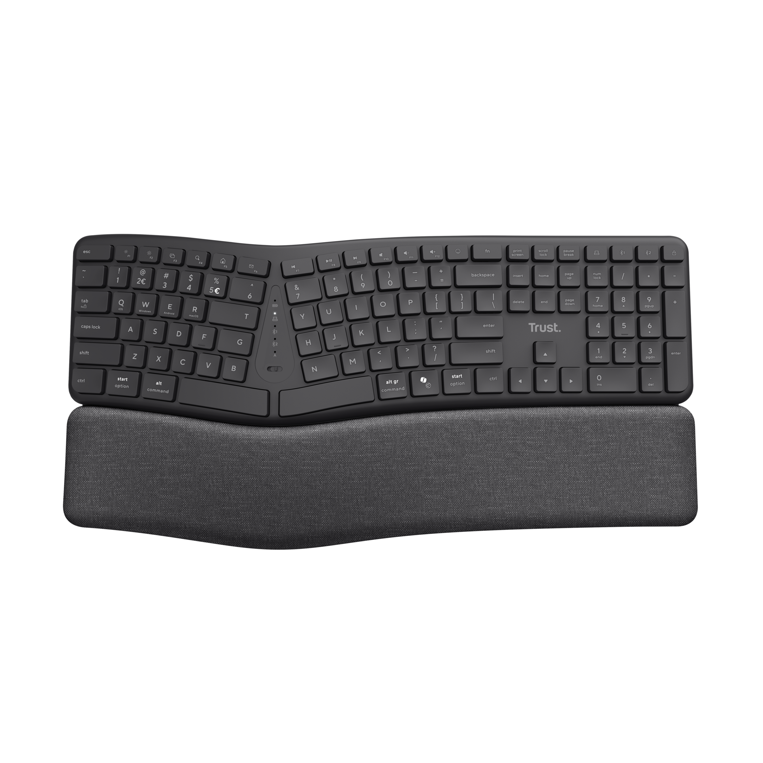 Ciemnoszara ergonomiczna klawiatura z podpórką na nadgarstek na czarnym tle.