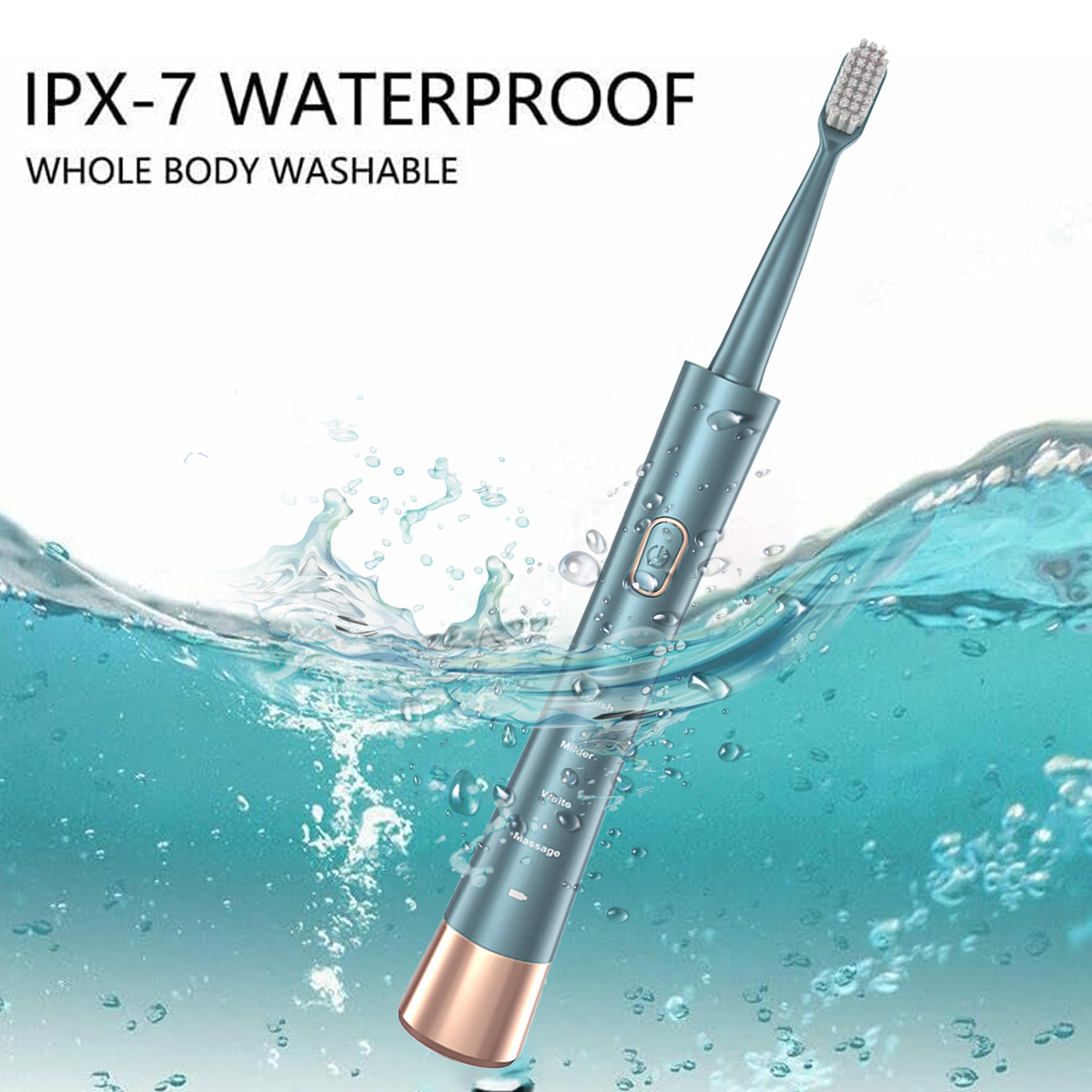 Eine türkisfarbene elektrische Zahnbürste in Wasser getaucht, mit Blasen und dem Text 'IPX-7 WATERPROOF'. Der Griff ist goldfarben.
