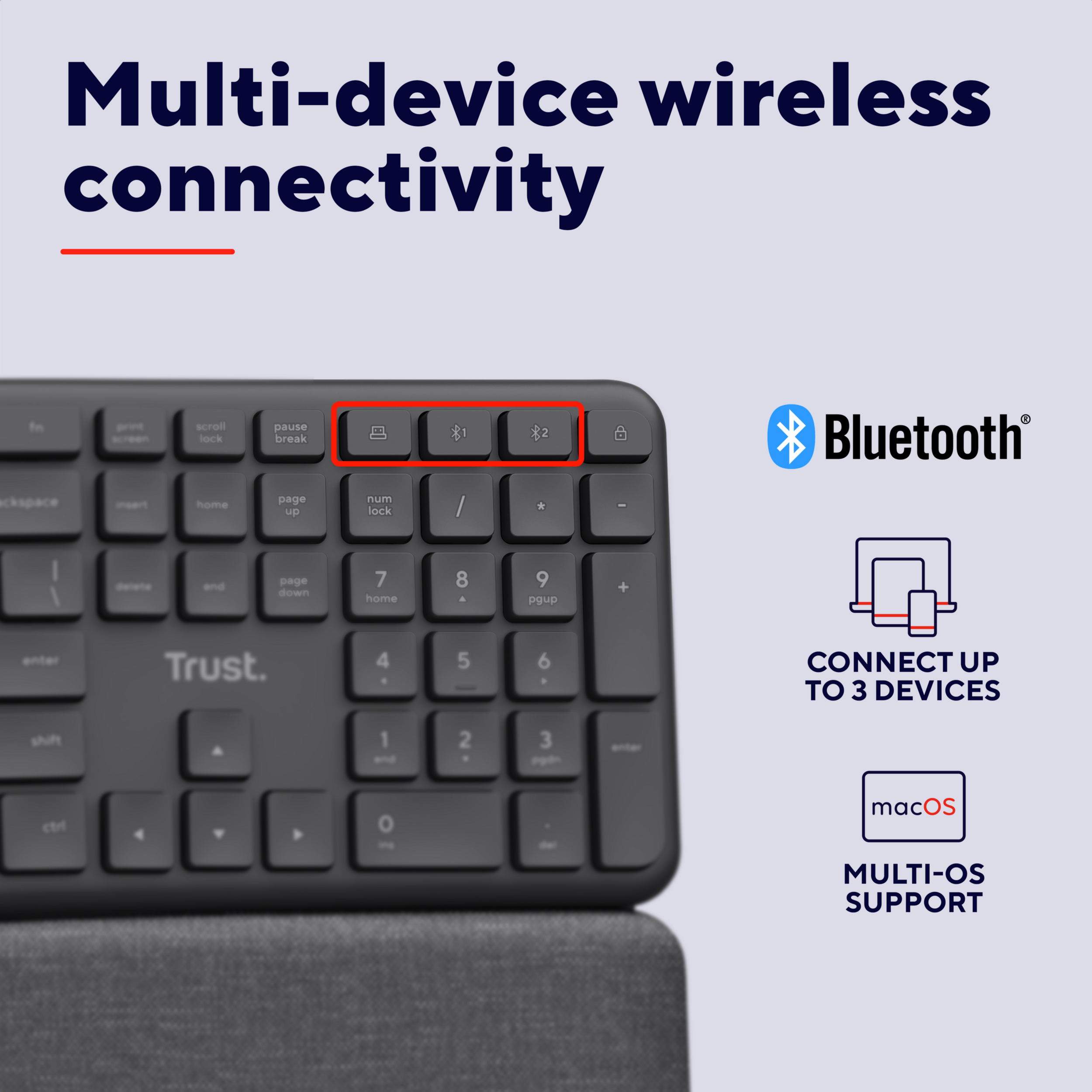 Obraz przedstawia klawiaturę z logo Bluetooth i macOS, wskazującą na bezprzewodową łączność wielu urządzeń.