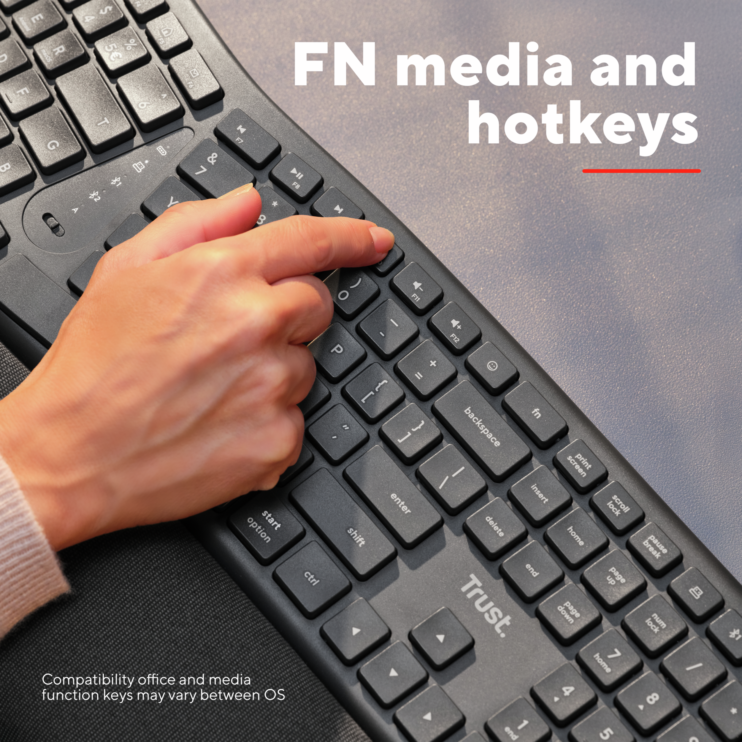 Ręka naciska klawisz na czarnej klawiaturze. Tekst brzmi 'FN media and hotkeys'.