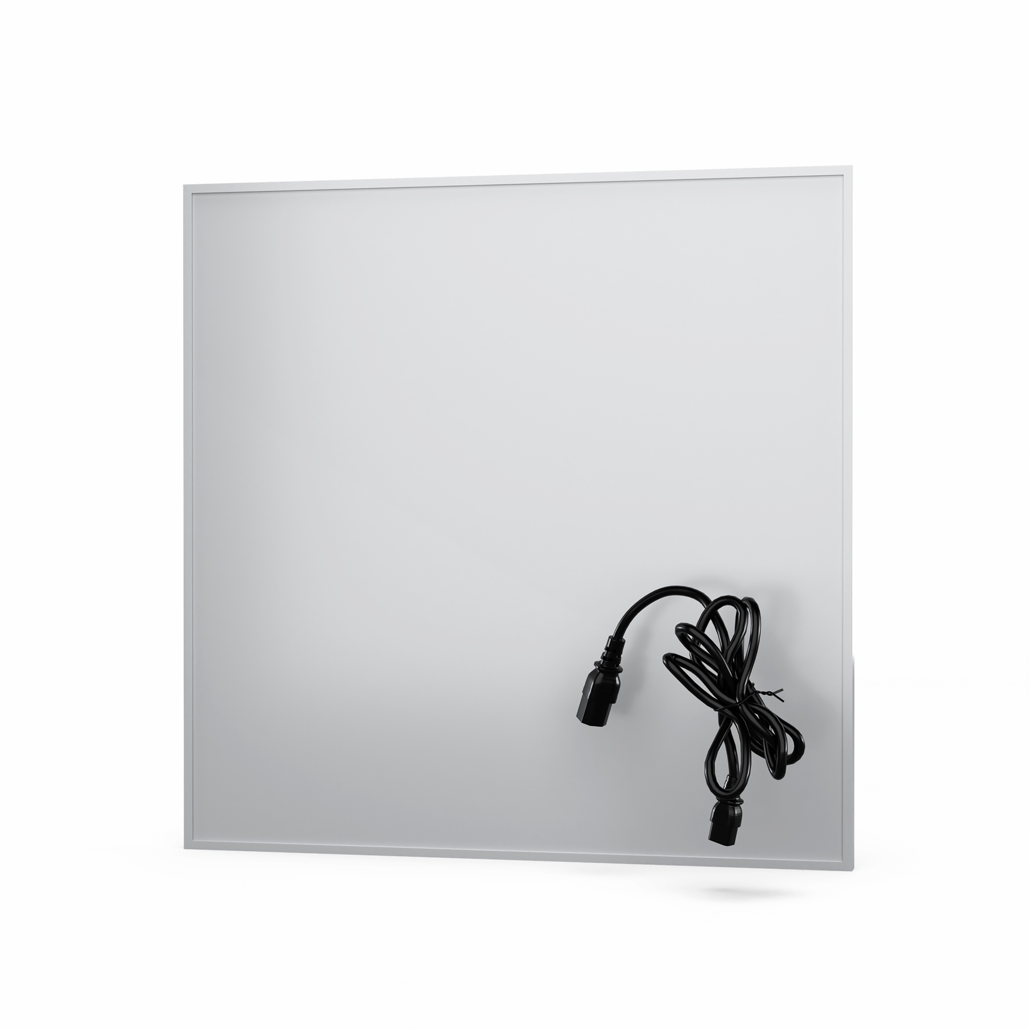 Ein weißes quadratisches Panel mit einem schwarzen Netzkabel auf weißem Hintergrund. Das Panel hat einen silbernen Rahmen.
