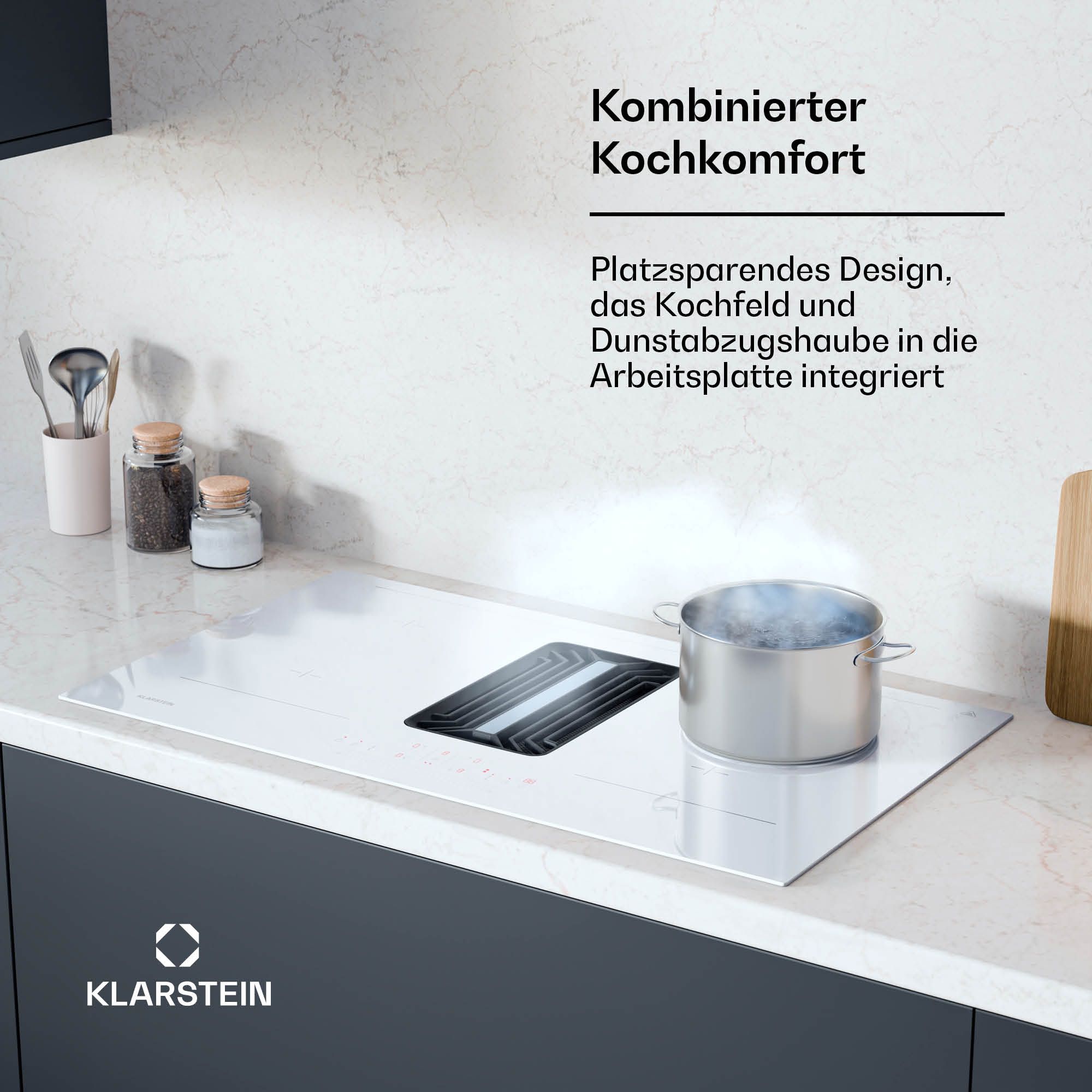 Cucina moderna con piano cottura bianco, cappa integrata e pentola con acqua bollente.
