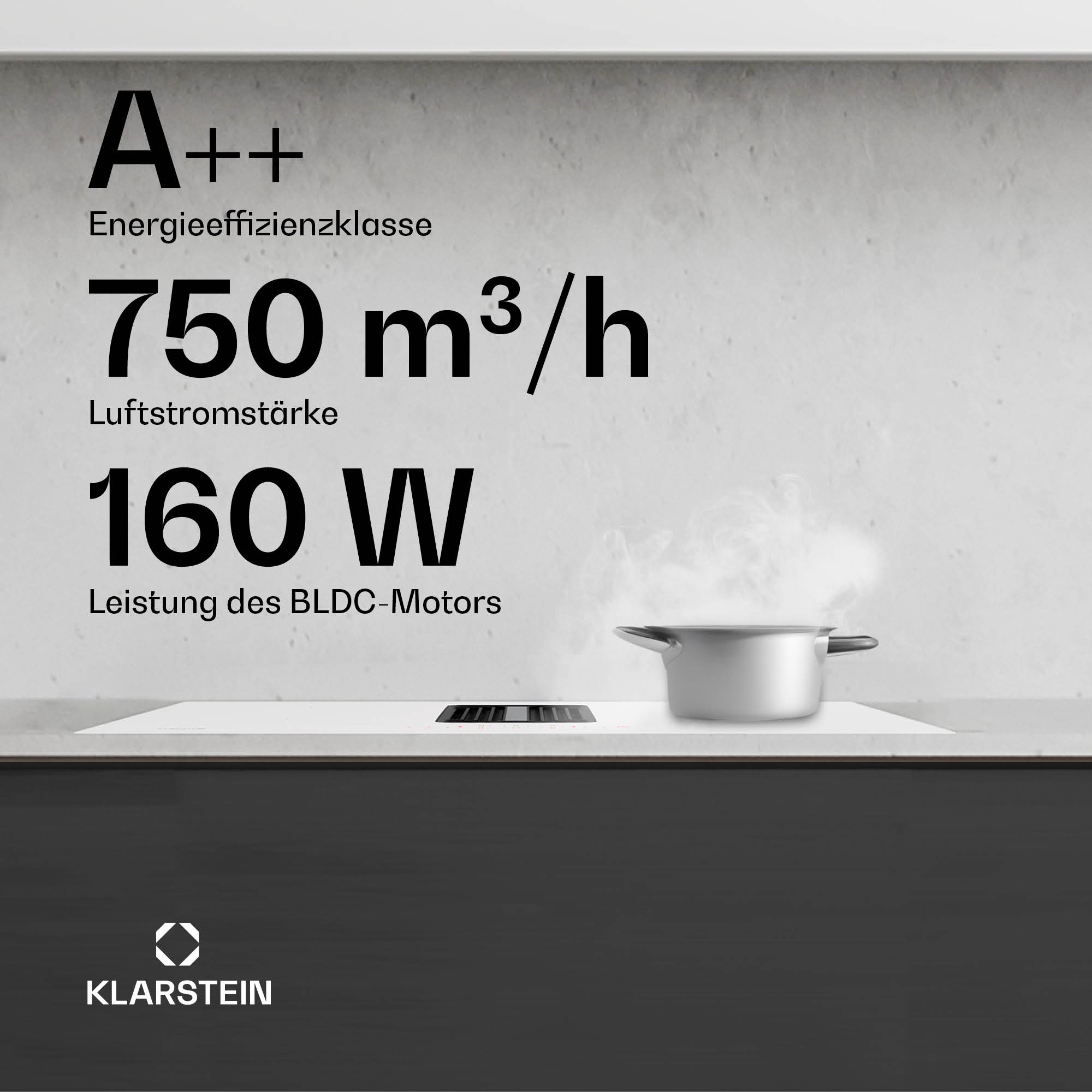 Scena di cucina con dettagli elettrodomestici: efficienza energetica A++, 750 m³/h, 160 W. Una pentola con vapore. Marchio Klarstein.