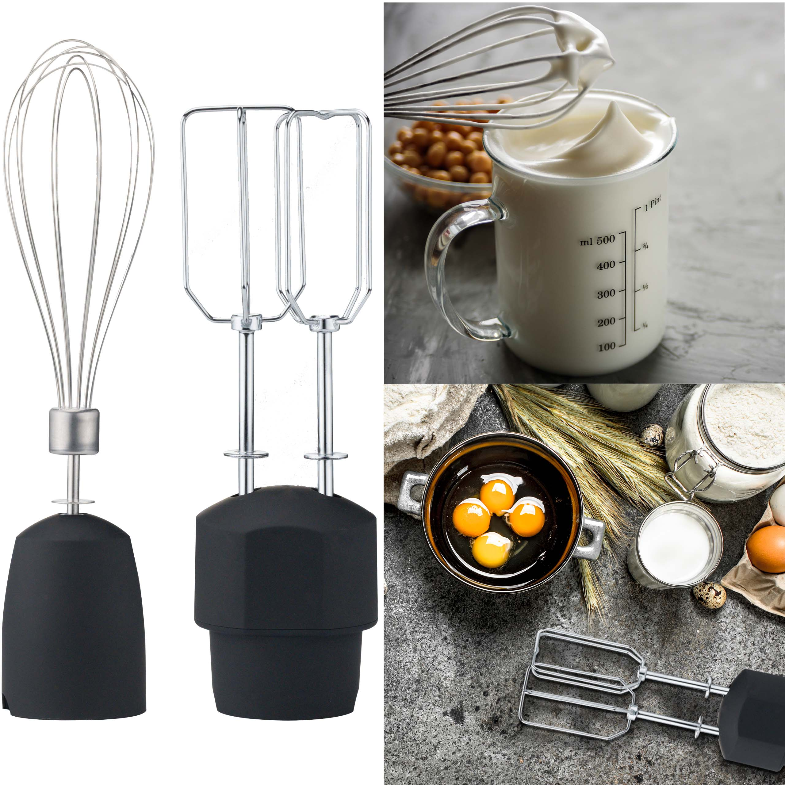 Zdjęcie przedstawia narzędzia i składniki do pieczenia. Zawiera trzepaczki, jajka, mąkę, mleko i miskę ubitej śmietany.