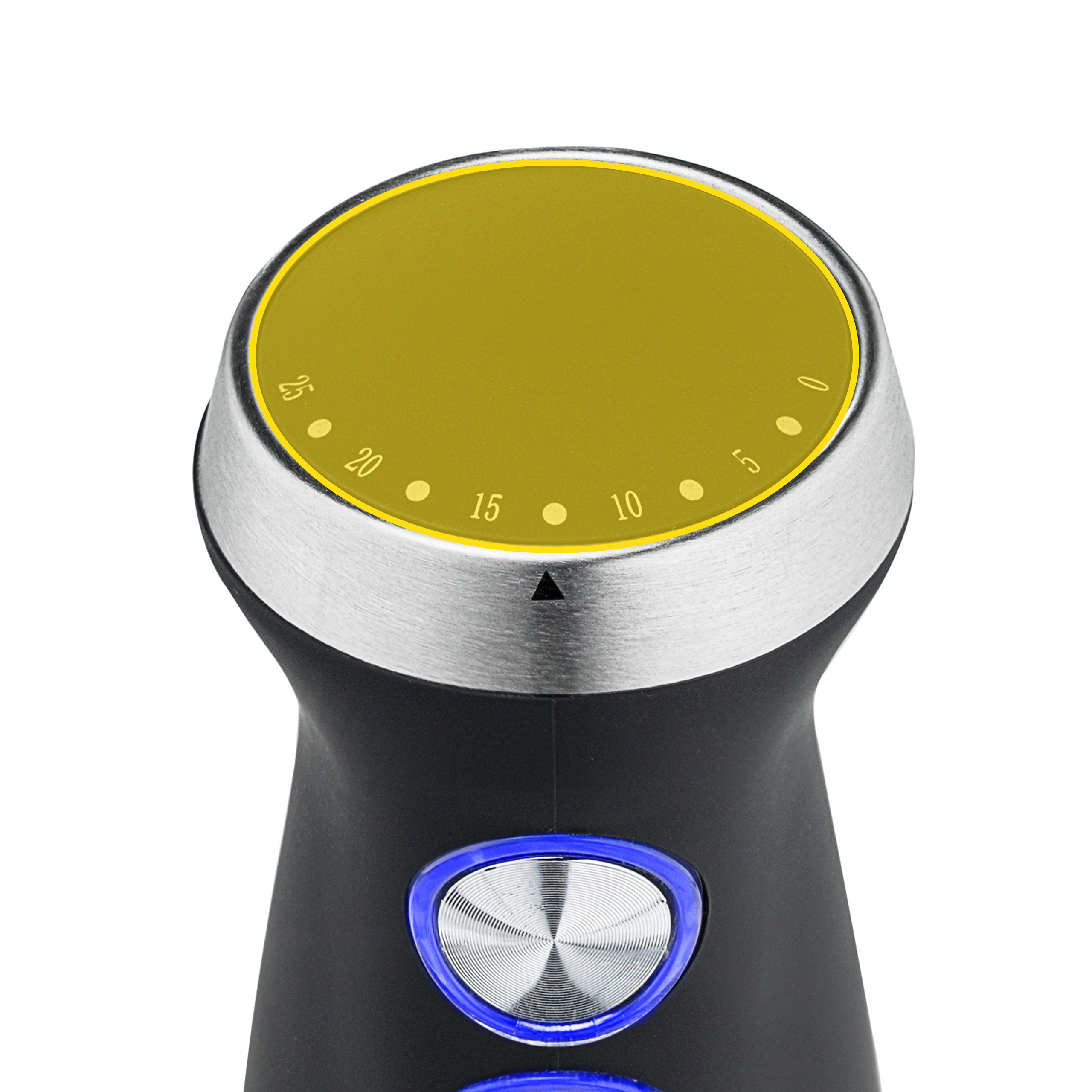 Zbliżenie czarnego blendera ręcznego. Ma żółtą tarczę z liczbami i niebieski przycisk.