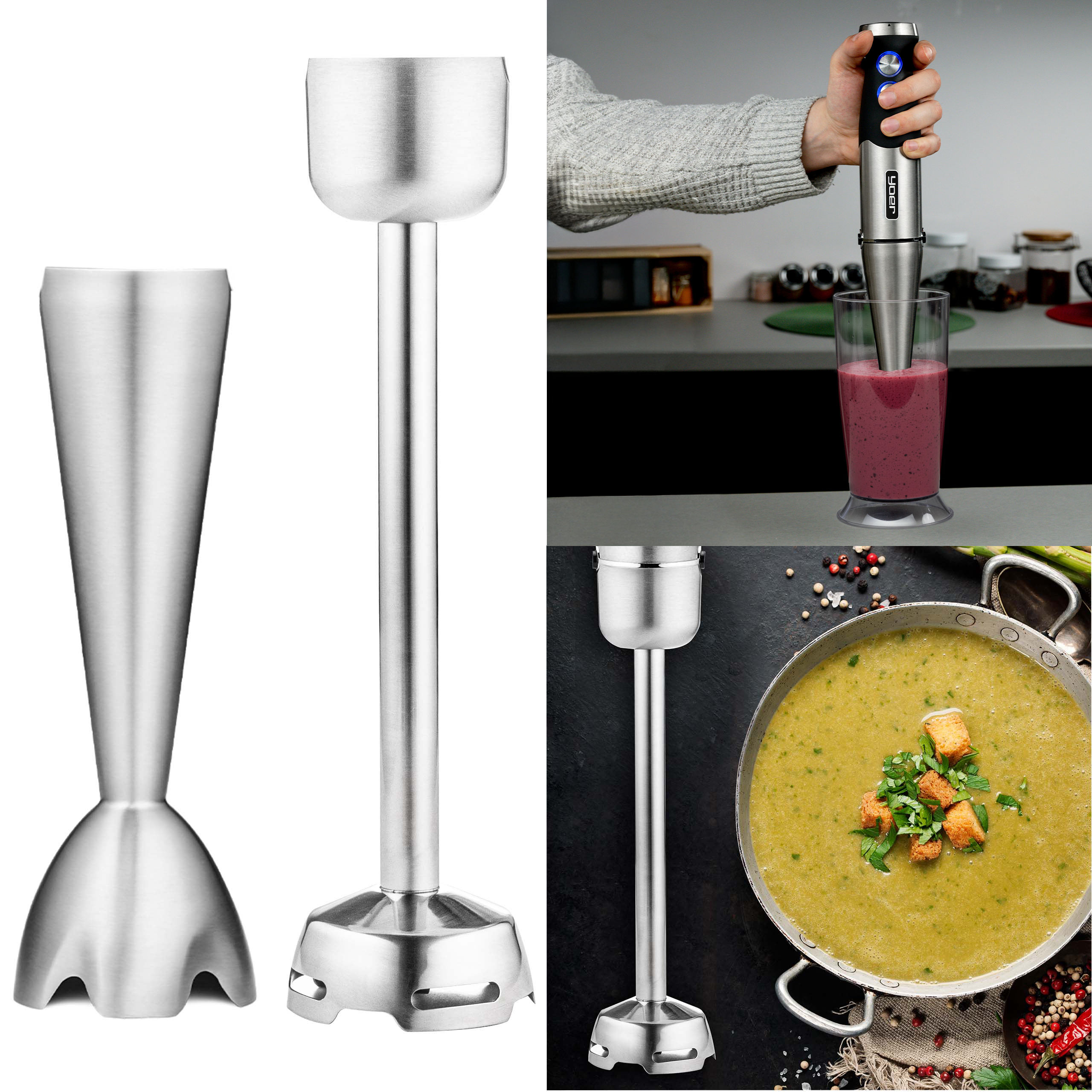 Stalowy blender ręczny w użyciu, również z komponentami. Przygotowywana zupa i koktajl.