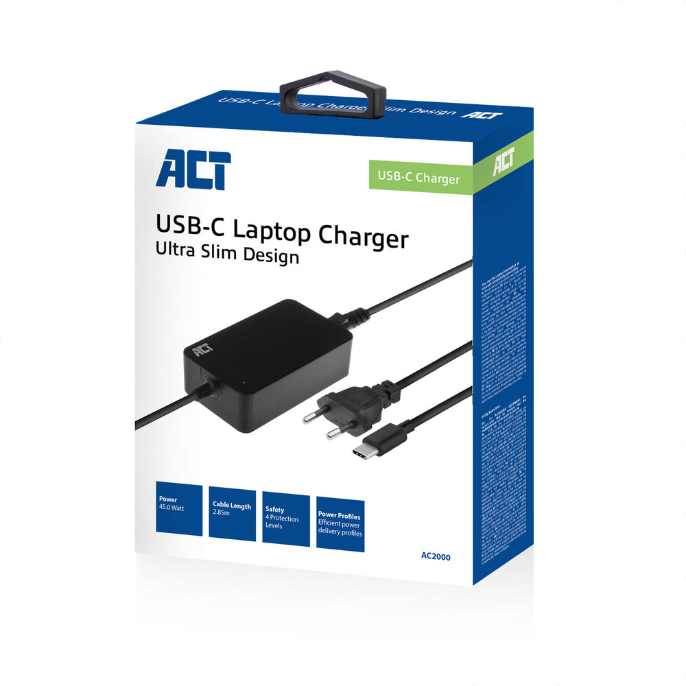 Een doos voor een USB-C laptoplader van het merk ACT. Het toont de lader, de kabel en functies zoals vermogen en veiligheid.