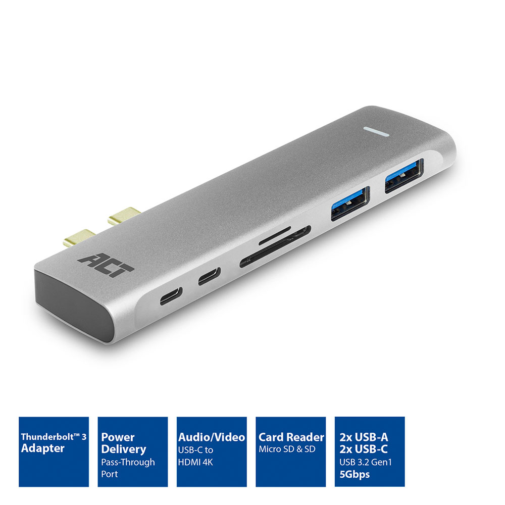 Un hub USB ACT argento con più porte, tra cui USB-A, USB-C, Thunderbolt e lettore di schede. Sotto ci sono le informazioni sul prodotto.