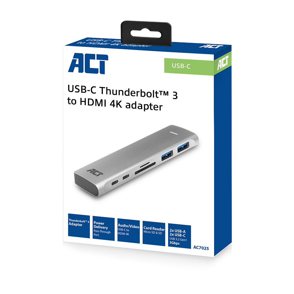 Una scatola con un adattatore USB-C argentato. Ha il marchio ACT e la scritta 'USB-C Thunderbolt 3 to HDMI 4K adapter'. Maniglia nera in alto.