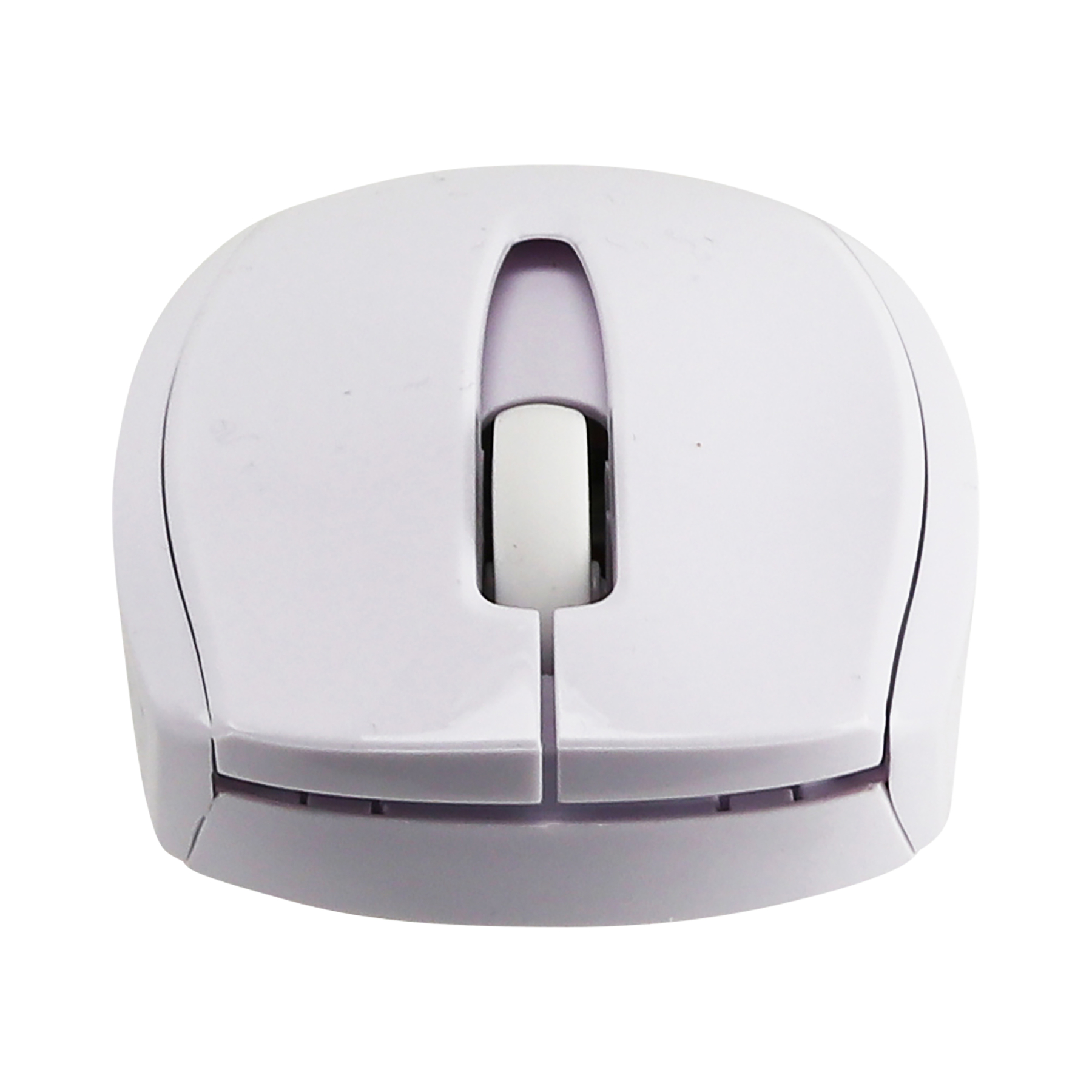 Un mouse per computer bianco. Ha una rotella di scorrimento e due pulsanti, su sfondo bianco.