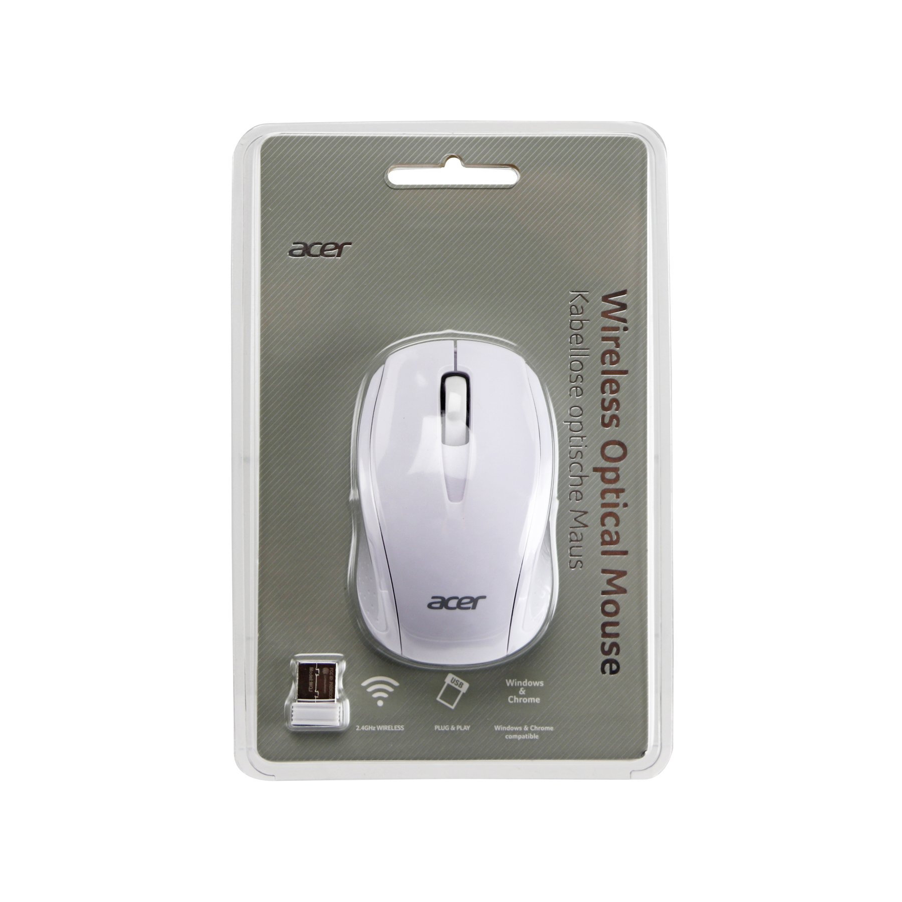 Un mouse ottico wireless Acer bianco in una confezione. La confezione presenta testo e icone. Il mouse è centrato.
