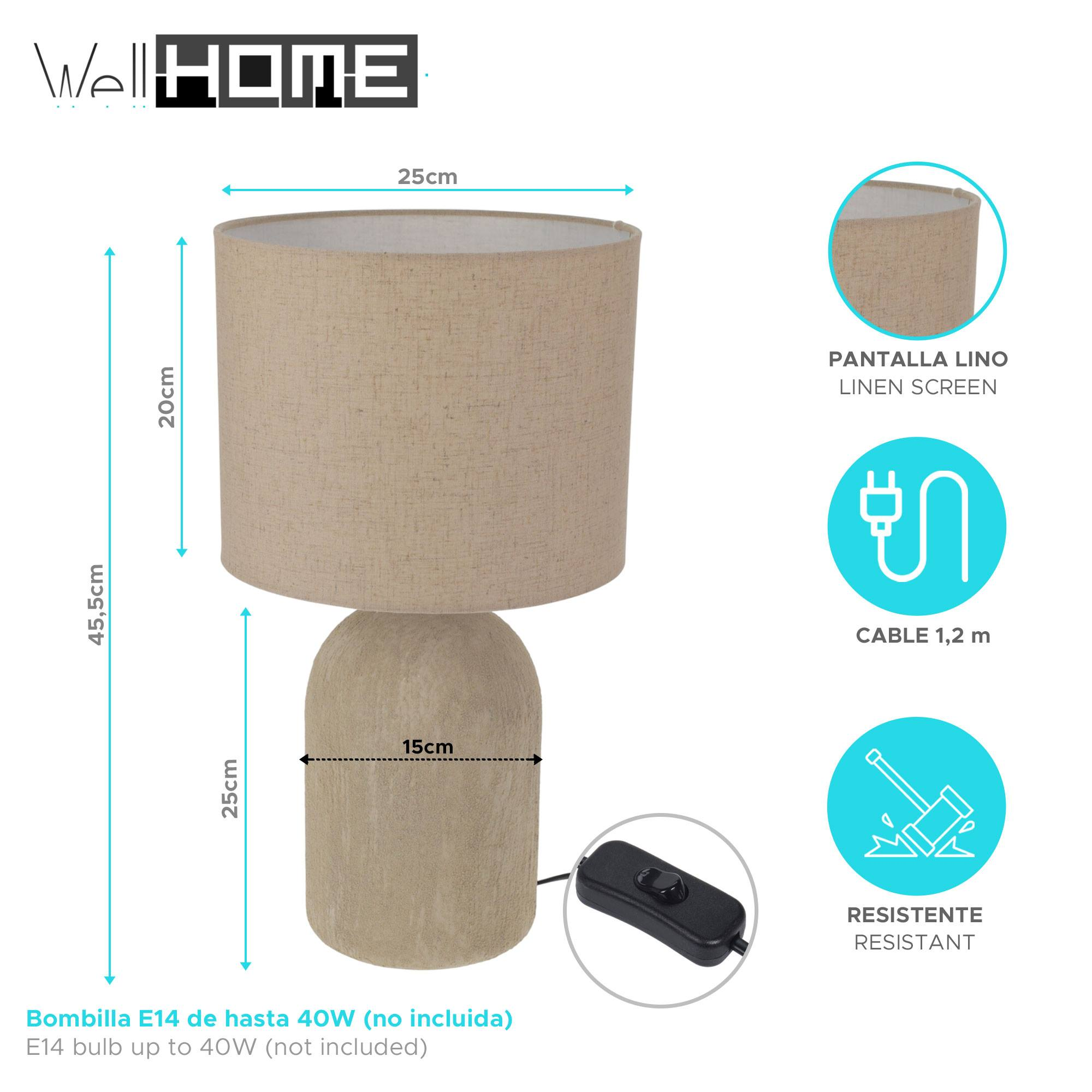 Una lámpara de mesa beige. Tiene una pantalla de lino y una base redondeada. Se proporcionan las dimensiones.