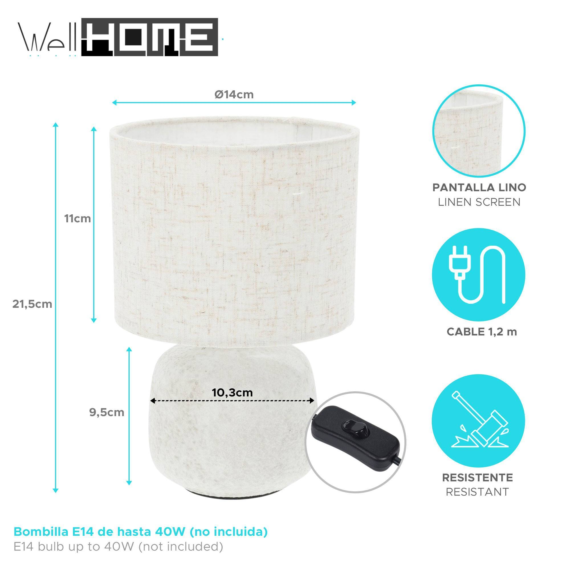 Una lámpara beige con pantalla de lino, base blanca e interruptor negro. También se muestran dimensiones y características.
