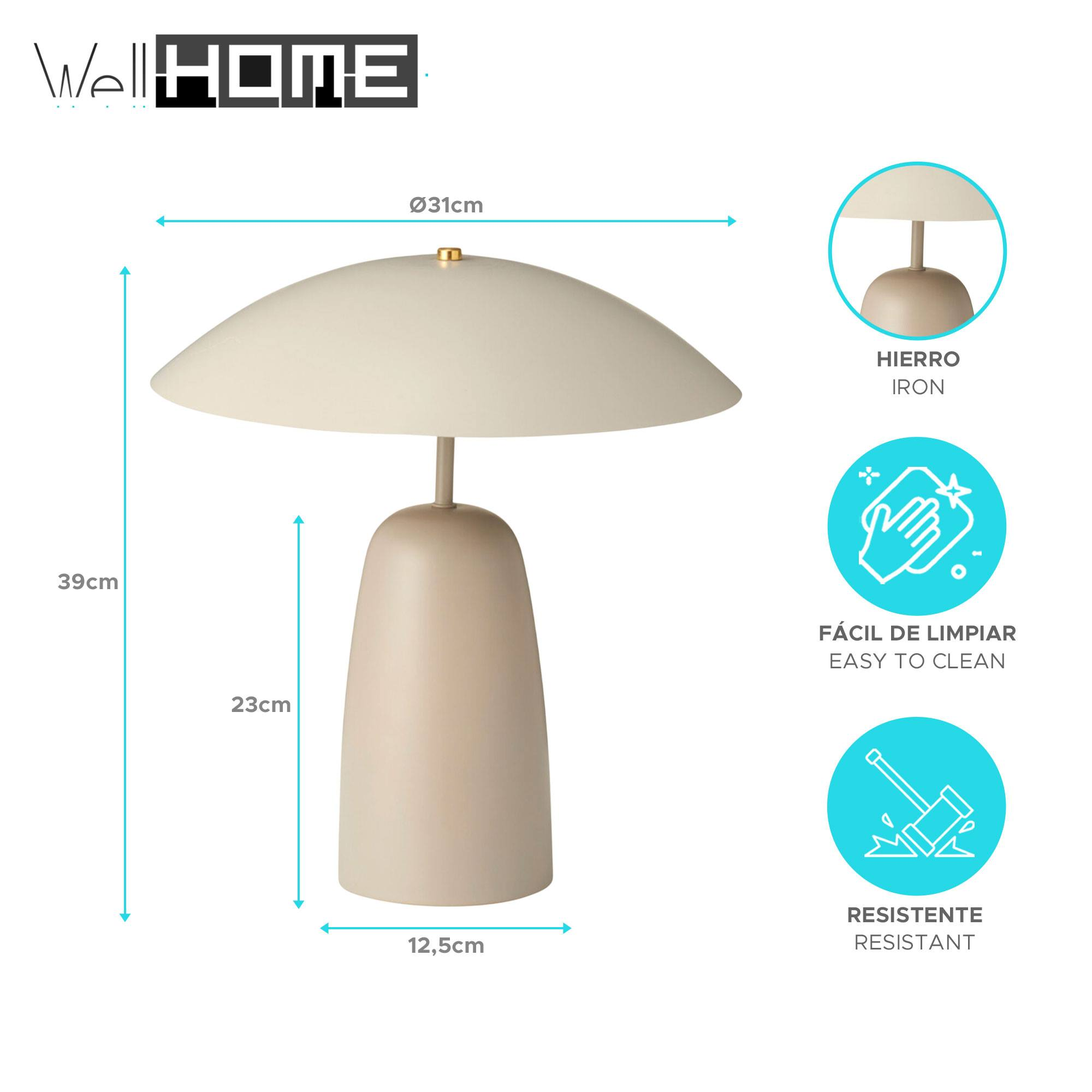 Una lámpara de mesa beige. Tiene una pantalla redondeada y una base cónica. Se proporcionan las dimensiones.