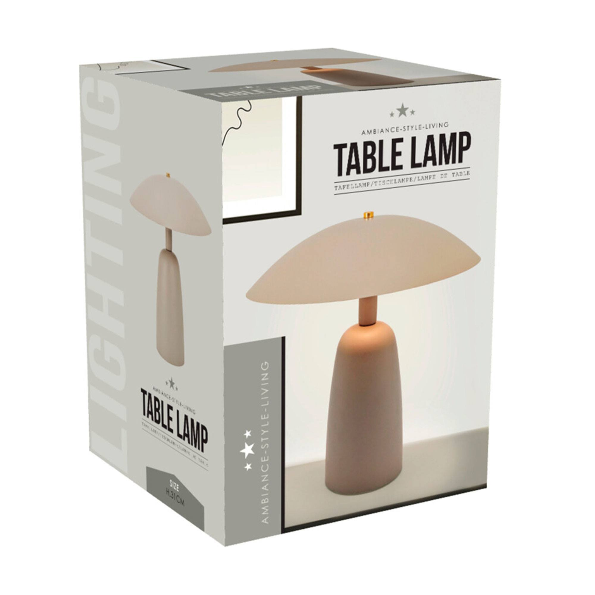 Una caja muestra una lámpara de mesa con una pantalla en forma de hongo. La caja dice 'Table Lamp' y 'Lighting'.