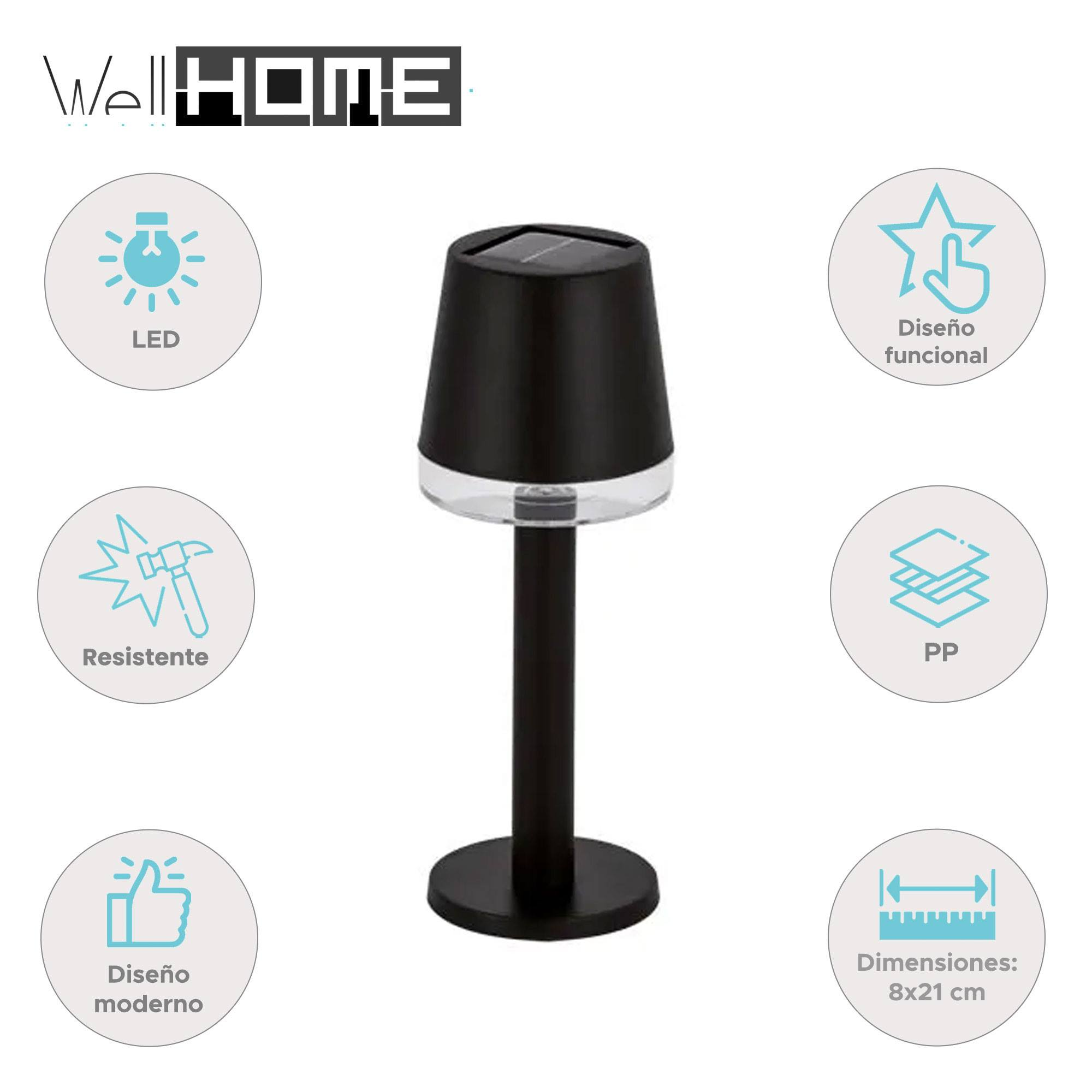 Lámpara solar negra con base redonda y pantalla cilíndrica. Incluye LED, resistencia y diseño moderno.