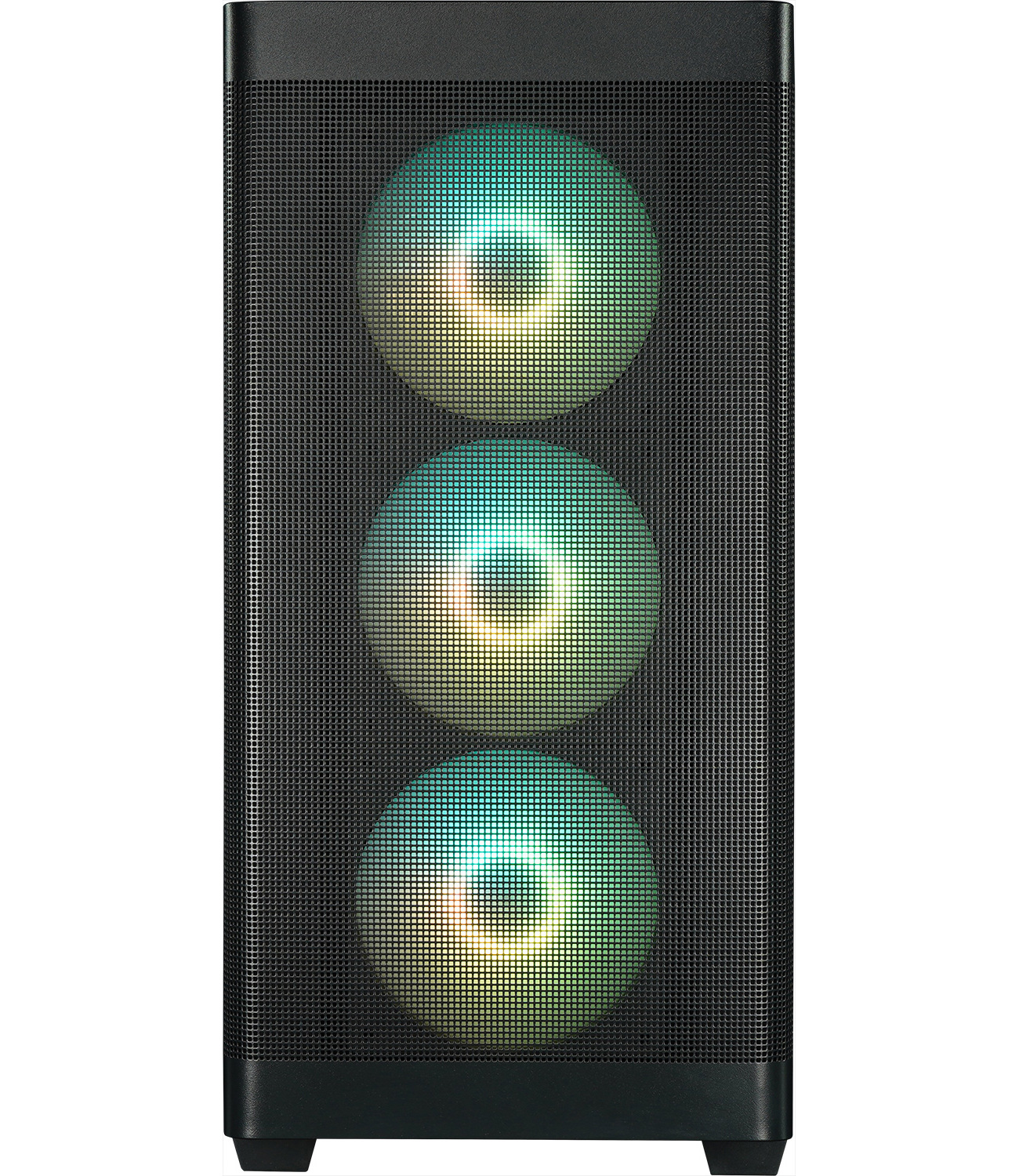 Un boîtier d'ordinateur noir avec trois ventilateurs éclairés. Chaque ventilateur a un design circulaire avec un motif de grille, affichant des lumières colorées.